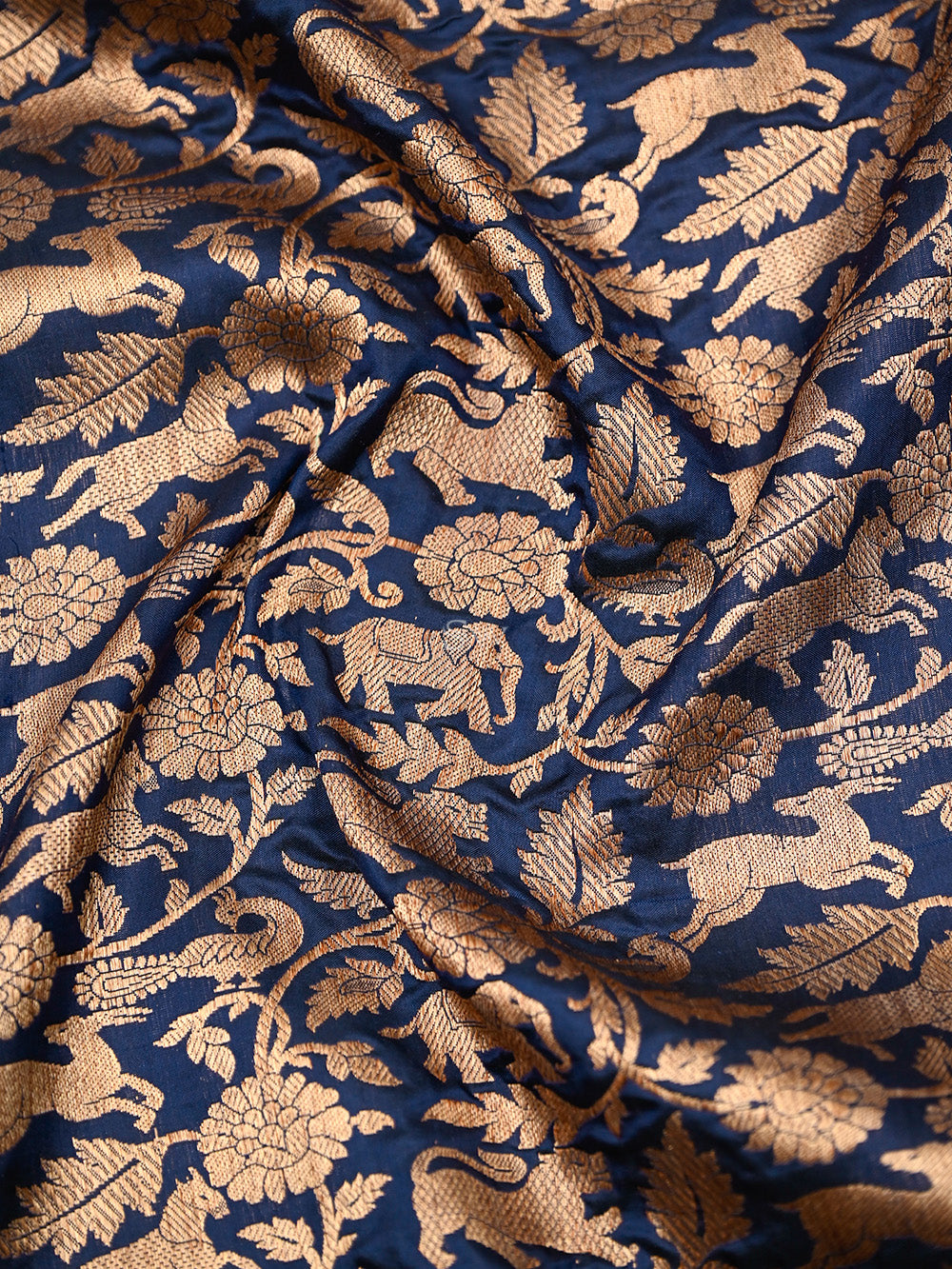 Navy Blue Shikargah Katan Silk Handloom Banarasi Saree - Sacred Weaves