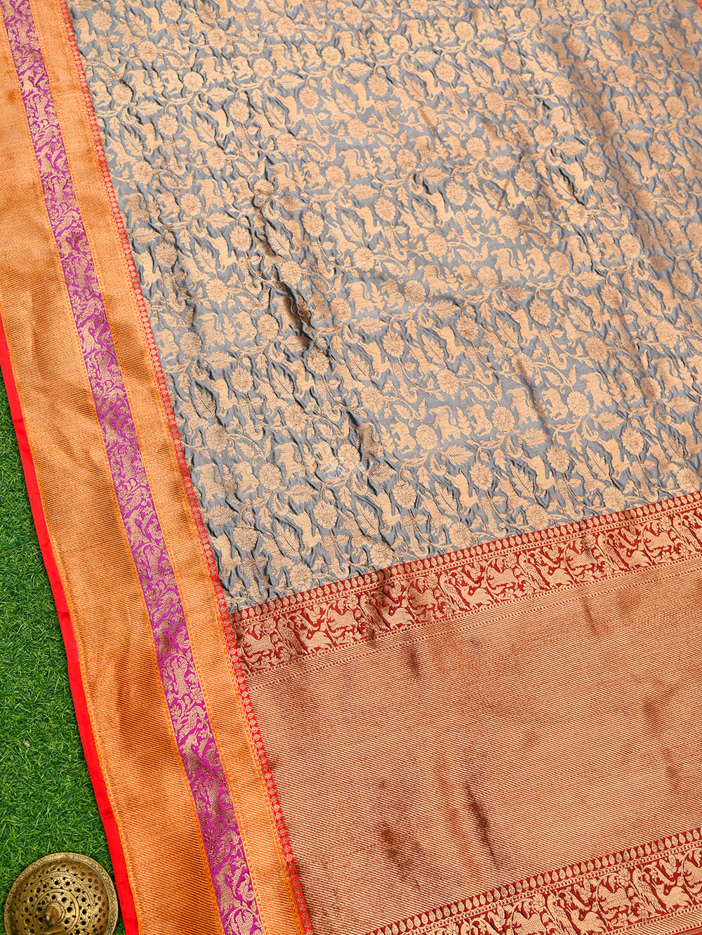 Grey Shikargah Katan Silk Handloom Banarasi Saree - Sacred Weaves