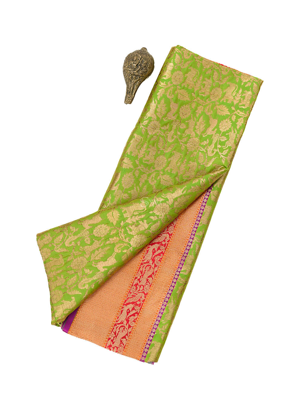 Parrot Green Shikargah Katan Silk Handloom Banarasi Saree - Sacred Weaves