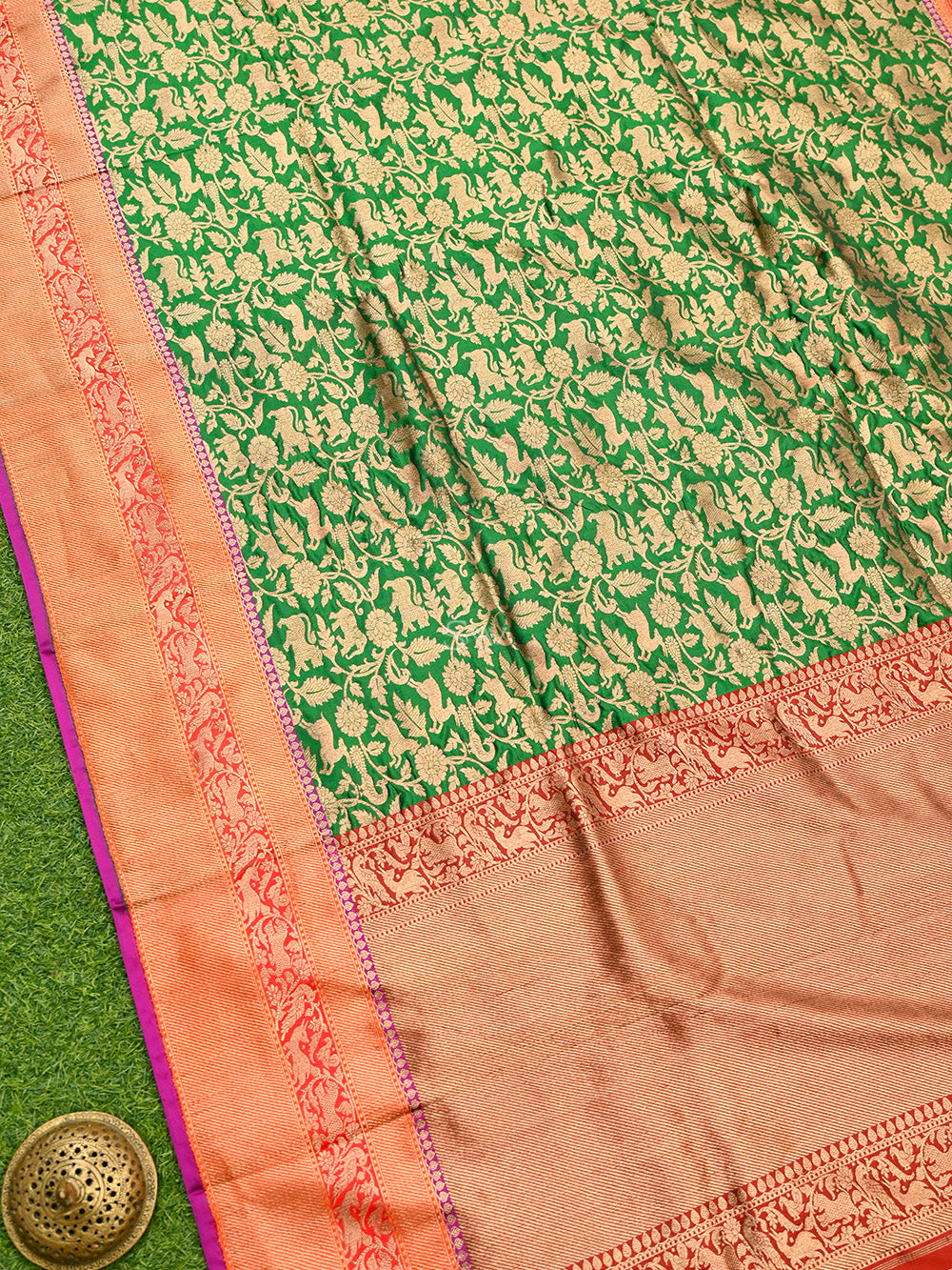 Bottle Green Shikargah Katan Silk Handloom Banarasi Saree - Sacred Weaves