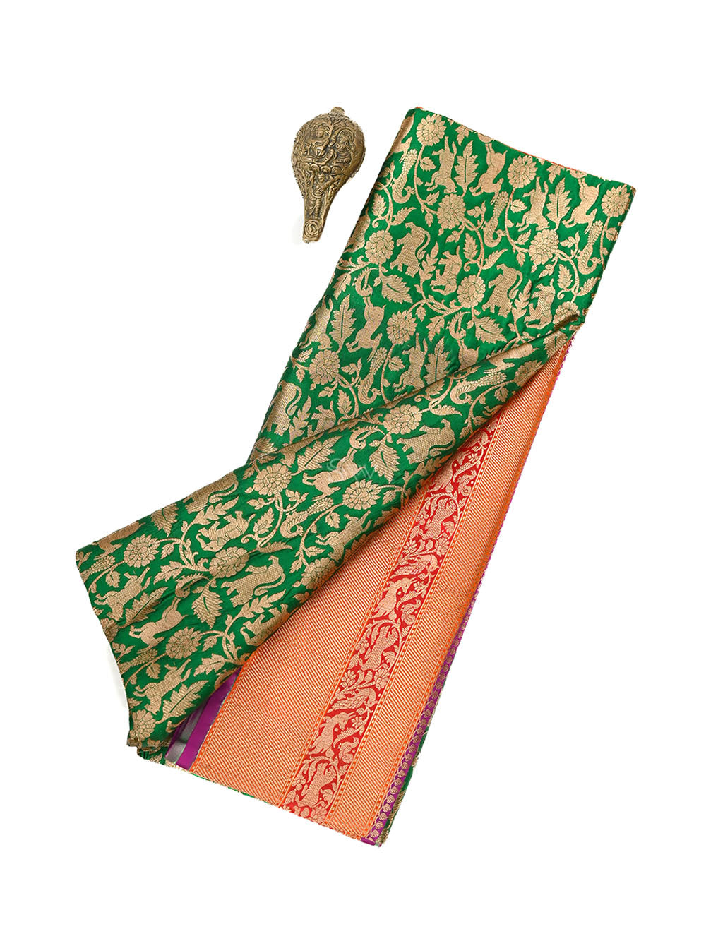 Bottle Green Shikargah Katan Silk Handloom Banarasi Saree - Sacred Weaves