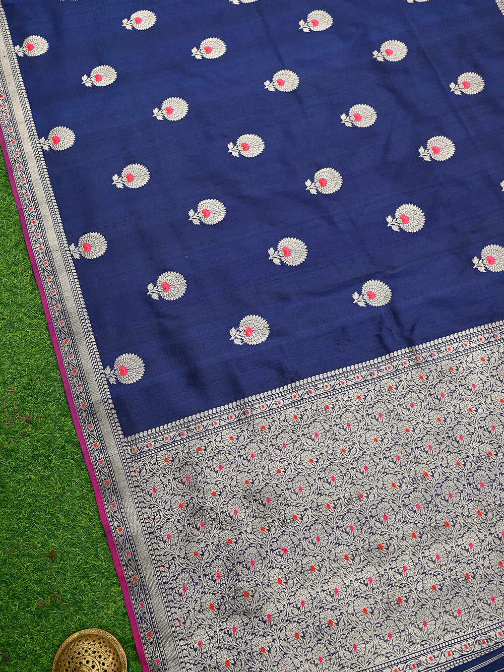 Navy Blue Meenakari Booti Tussar Silk Handloom Banarasi Saree