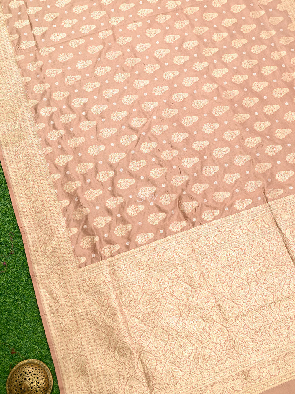 Dark Beige Boota Katan Silk Handloom Banarasi Saree