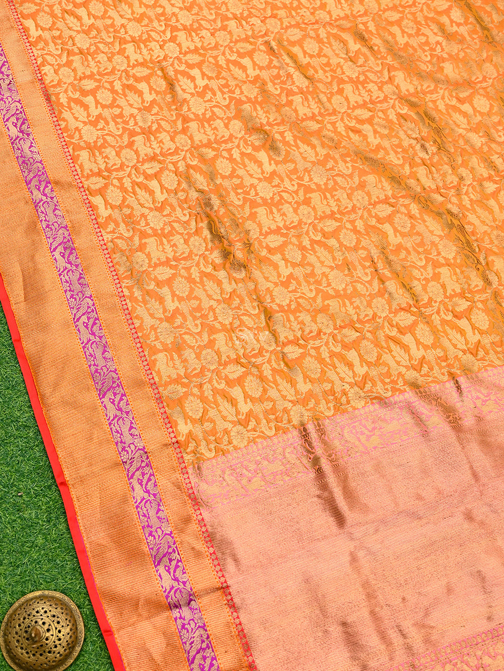 Orange Shikargah Katan Silk Handloom Banarasi Saree - Sacred Weaves