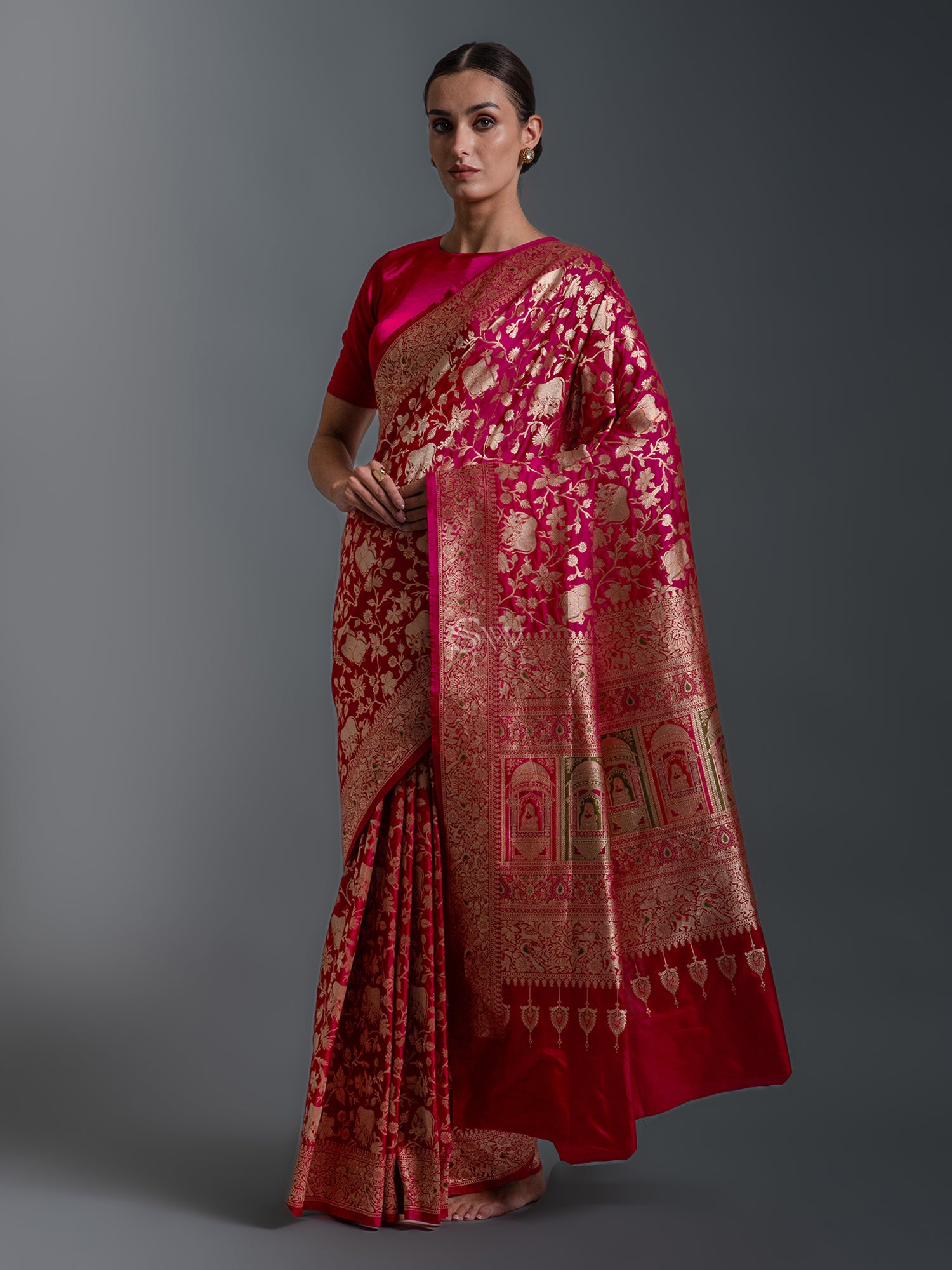 Pink Red Shikargah Uppada Katan Silk Handloom Banarasi Saree - Sacred Weaves