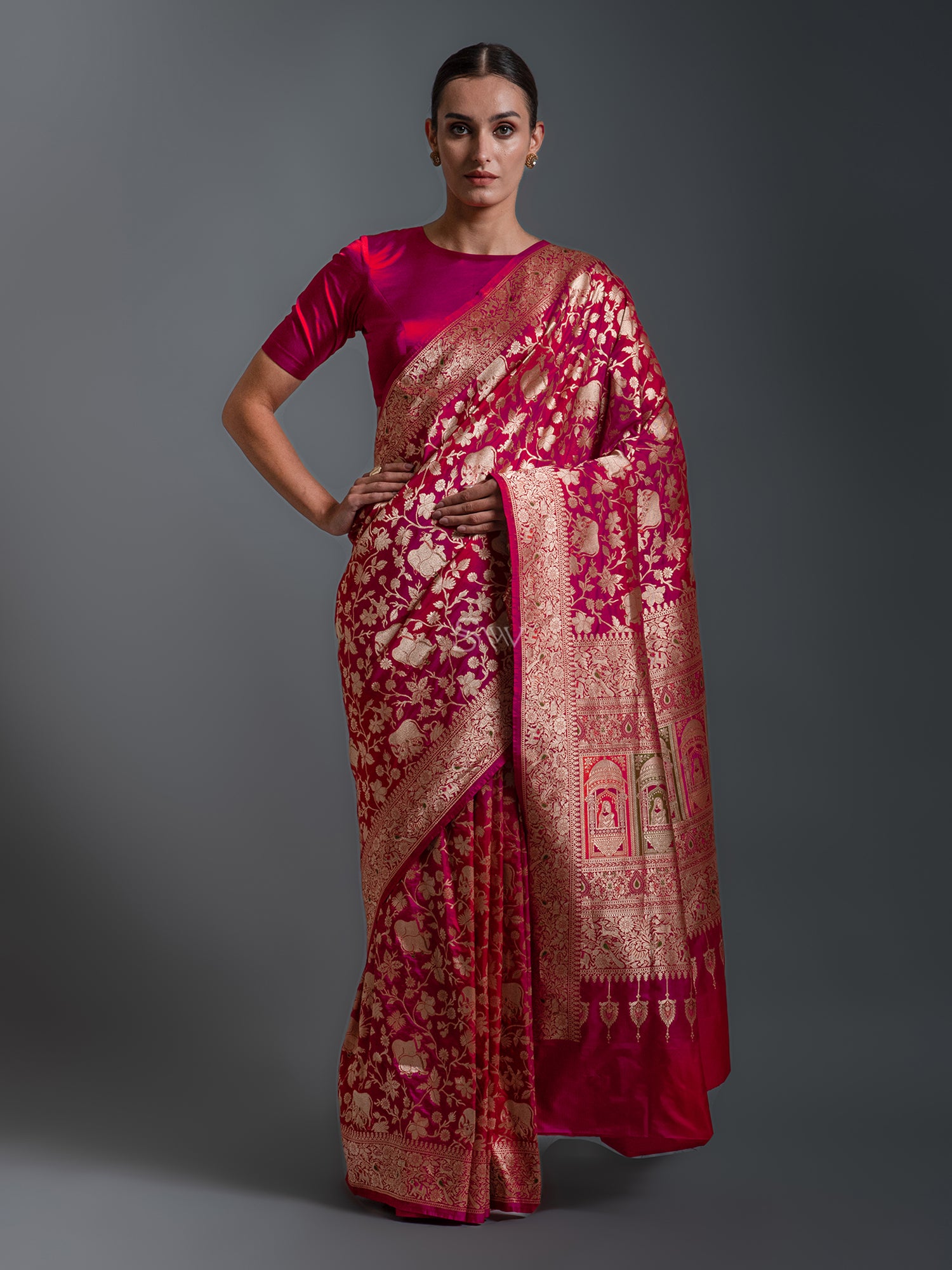 Pink Red Shikargah Uppada Katan Silk Handloom Banarasi Saree - Sacred Weaves