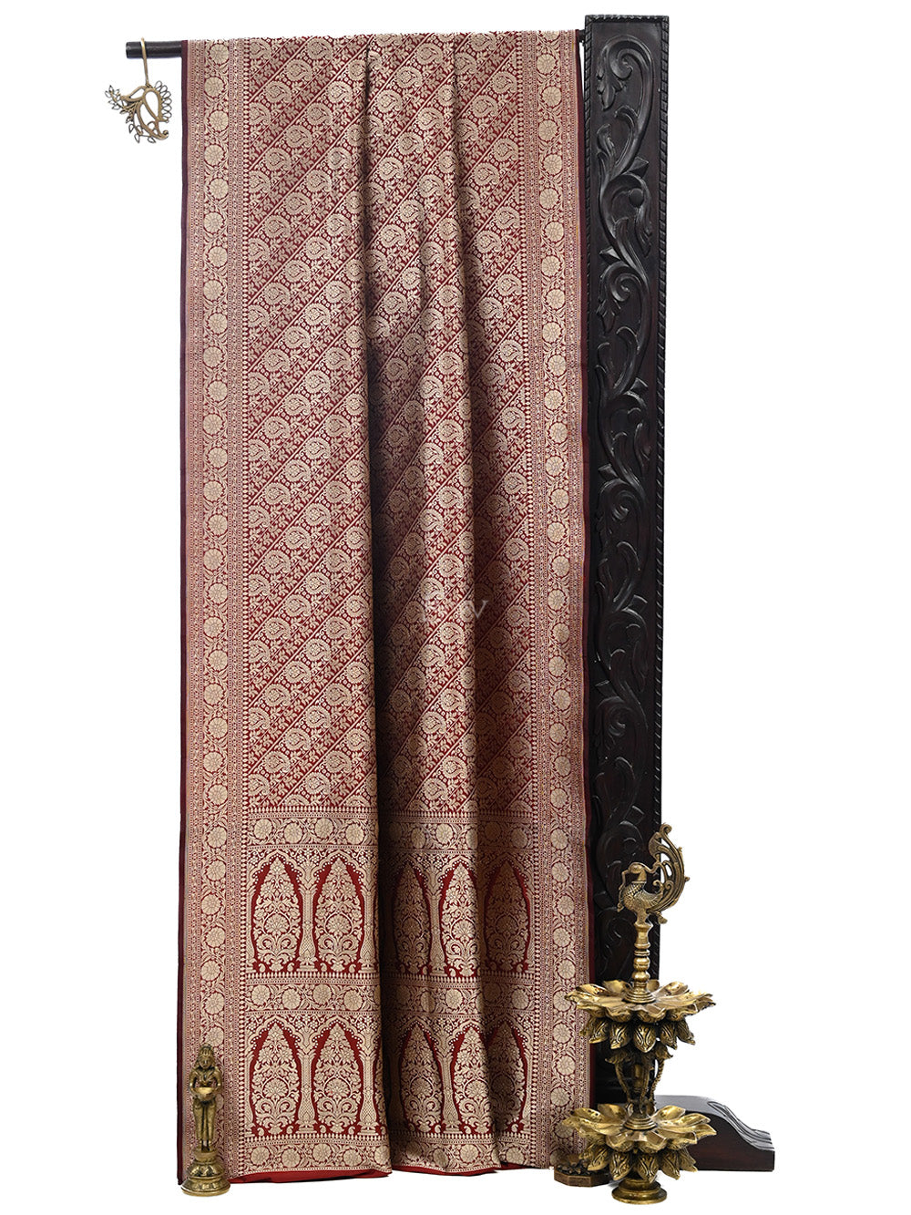 Dark Brown Jaal Katan Silk Handloom Banarasi Saree