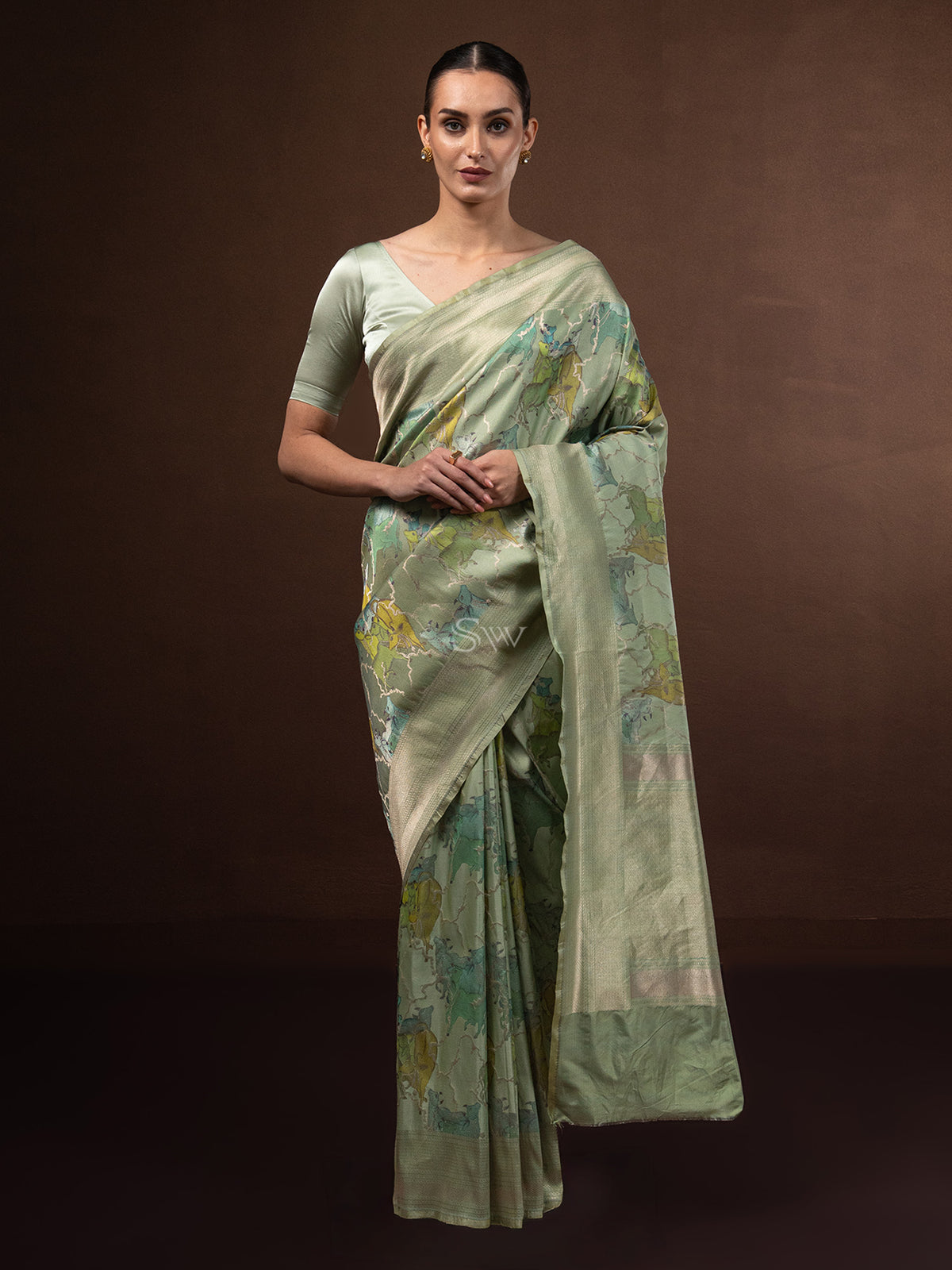 Pastel Olive Green Tissue Katan Silk Handloom Banarasi Saree - Sacred Weaves