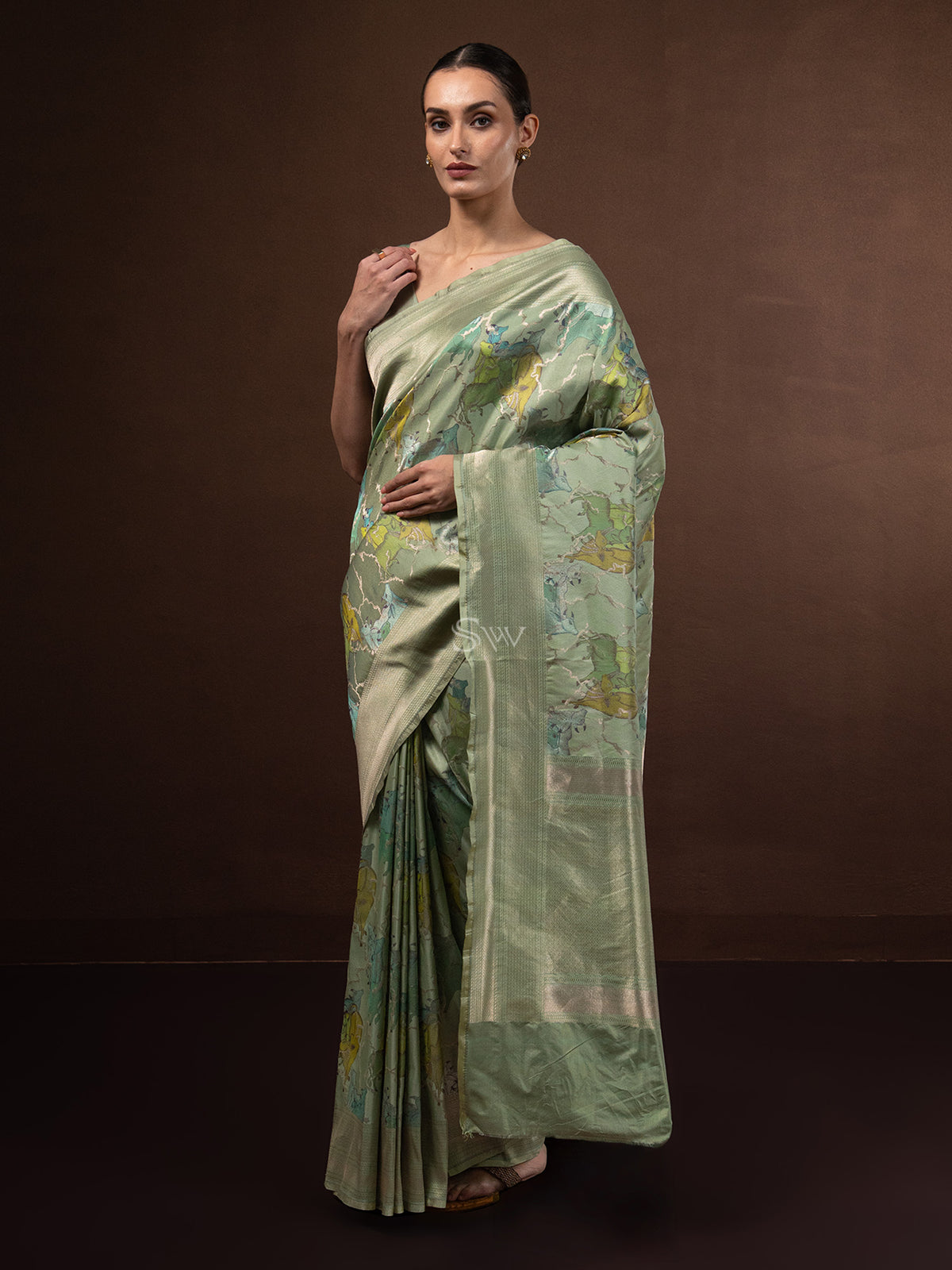 Pastel Olive Green Tissue Katan Silk Handloom Banarasi Saree - Sacred Weaves