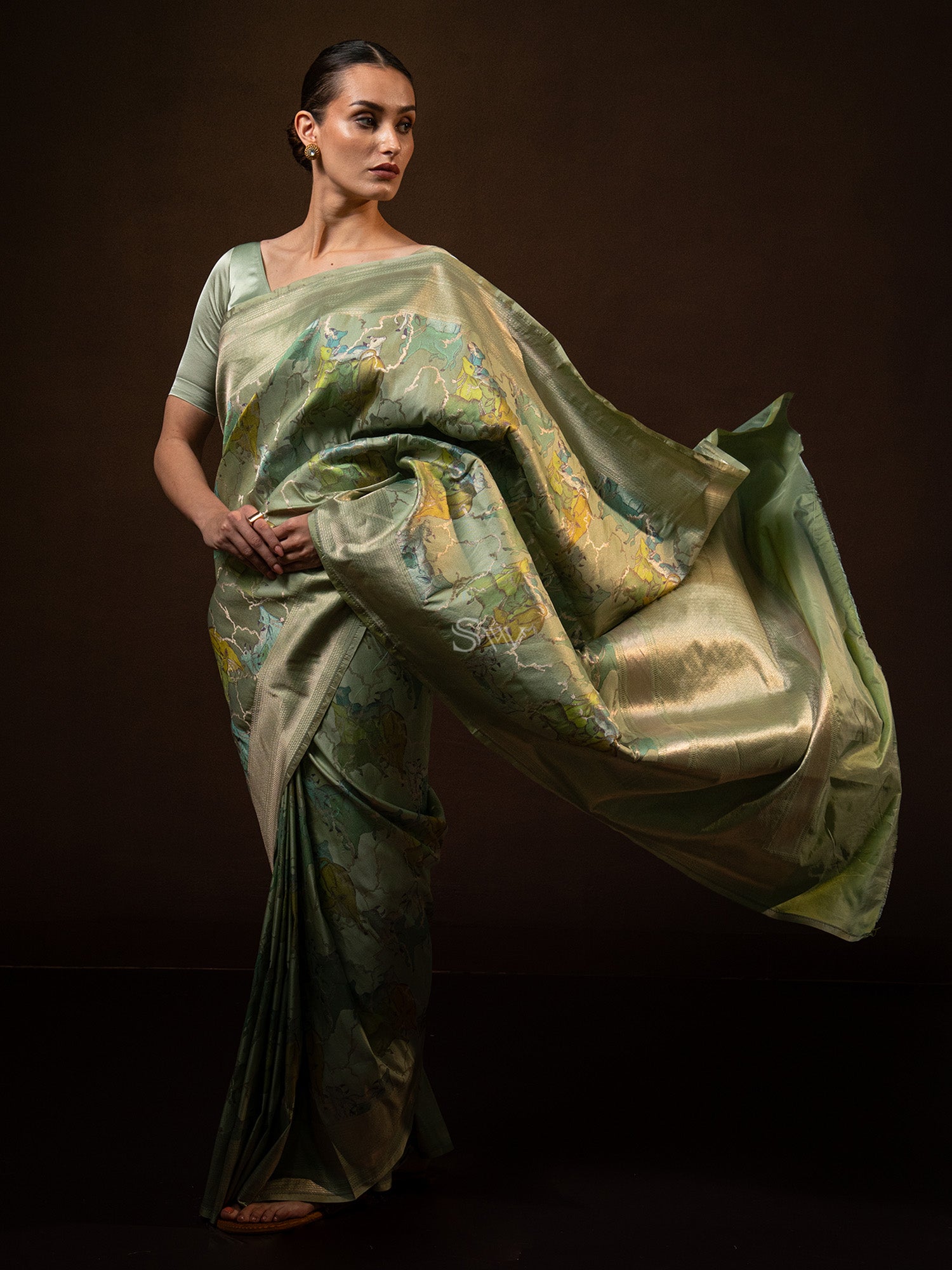 Pastel Olive Green Tissue Katan Silk Handloom Banarasi Saree - Sacred Weaves