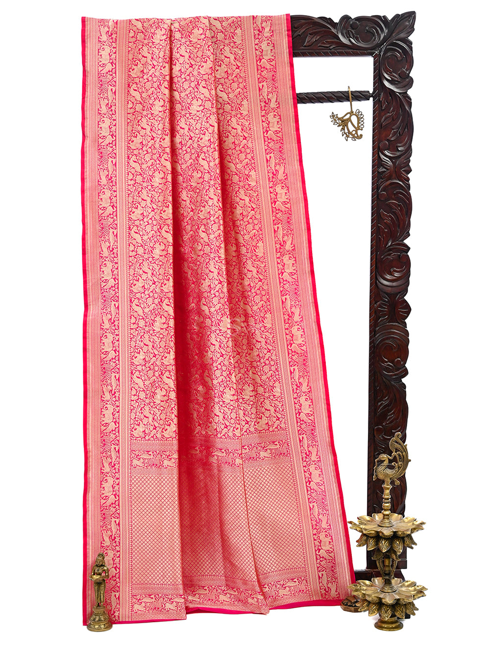 Pink Red Shikargah Brocade Katan Silk Handloom Banarasi Saree - Sacred Weaves