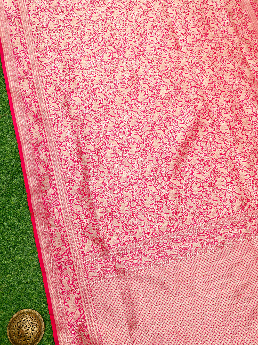 Pink Red Shikargah Brocade Katan Silk Handloom Banarasi Saree - Sacred Weaves