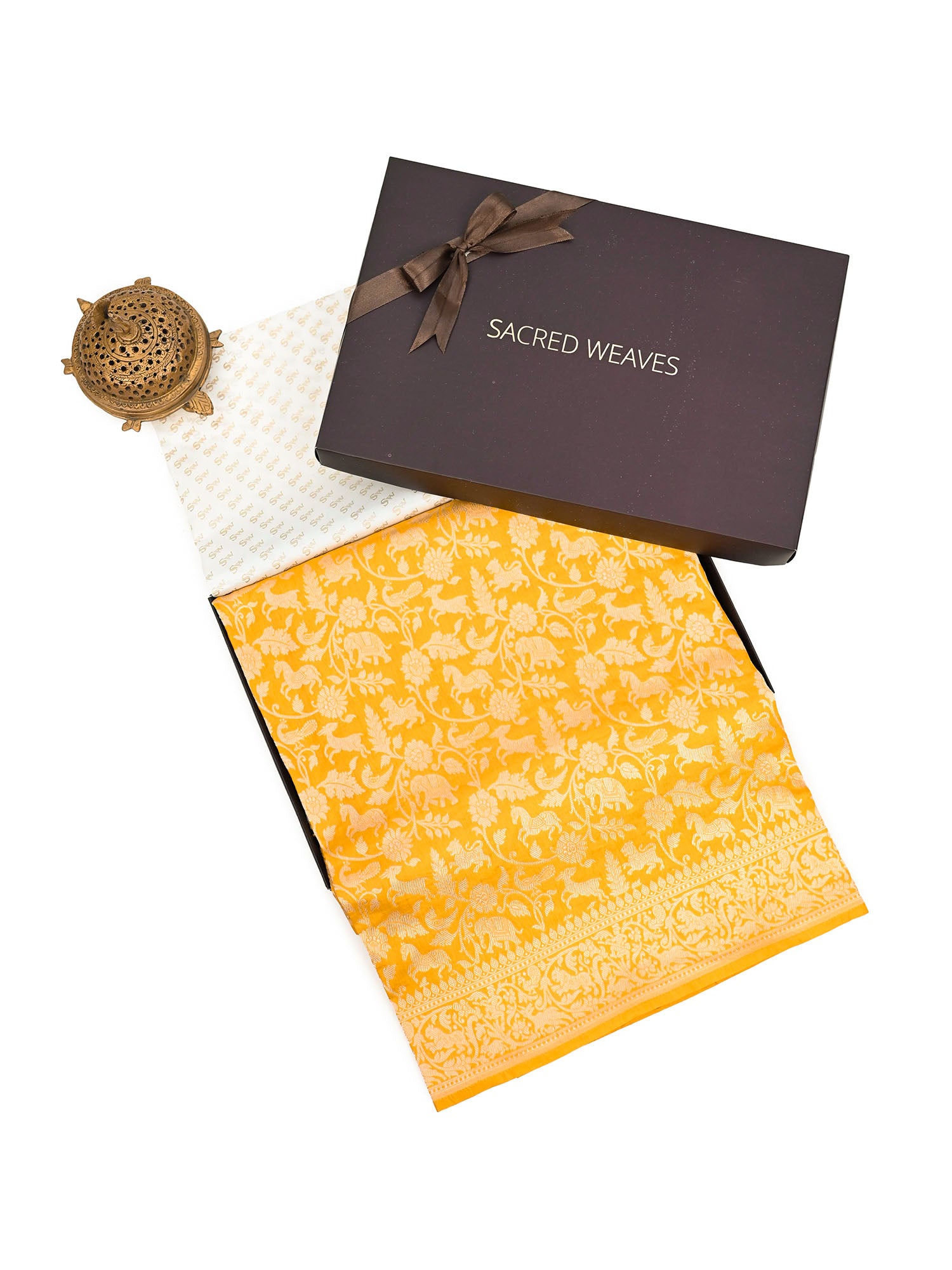 Yellow Shikargah Brocade Katan Silk Handloom Banarasi Saree - Gift Box - Sacred Weaves