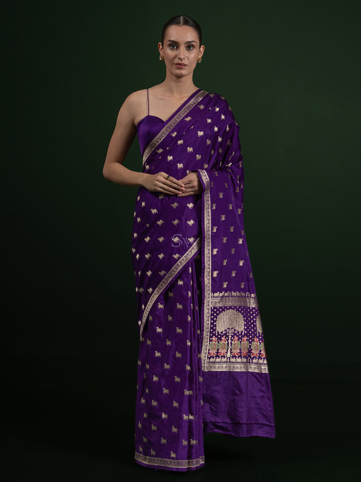 Purple Shikargah Boota Satin Silk Handloom Banarasi Saree - Sacred Weaves