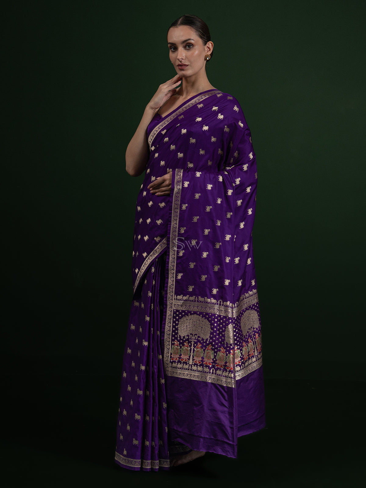 Purple Shikargah Boota Satin Silk Handloom Banarasi Saree - Sacred Weaves