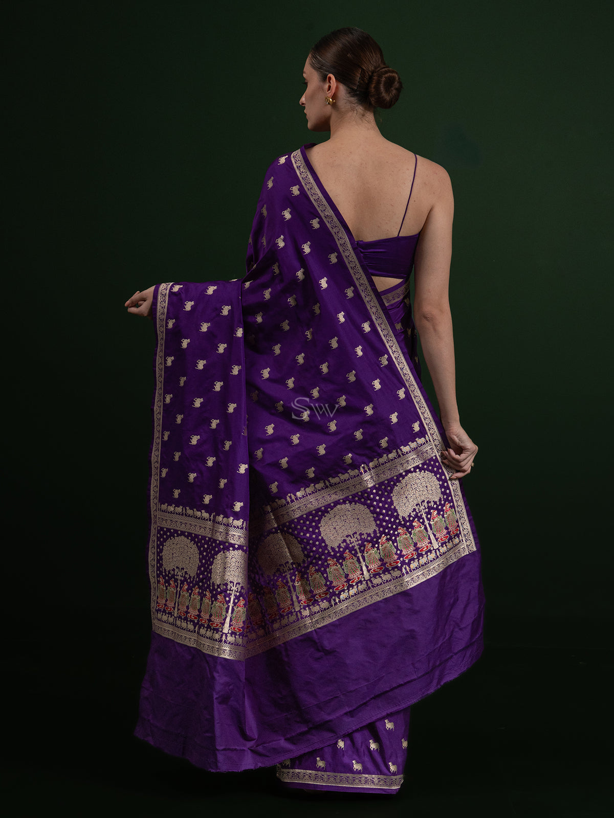 Purple Shikargah Boota Satin Silk Handloom Banarasi Saree - Sacred Weaves