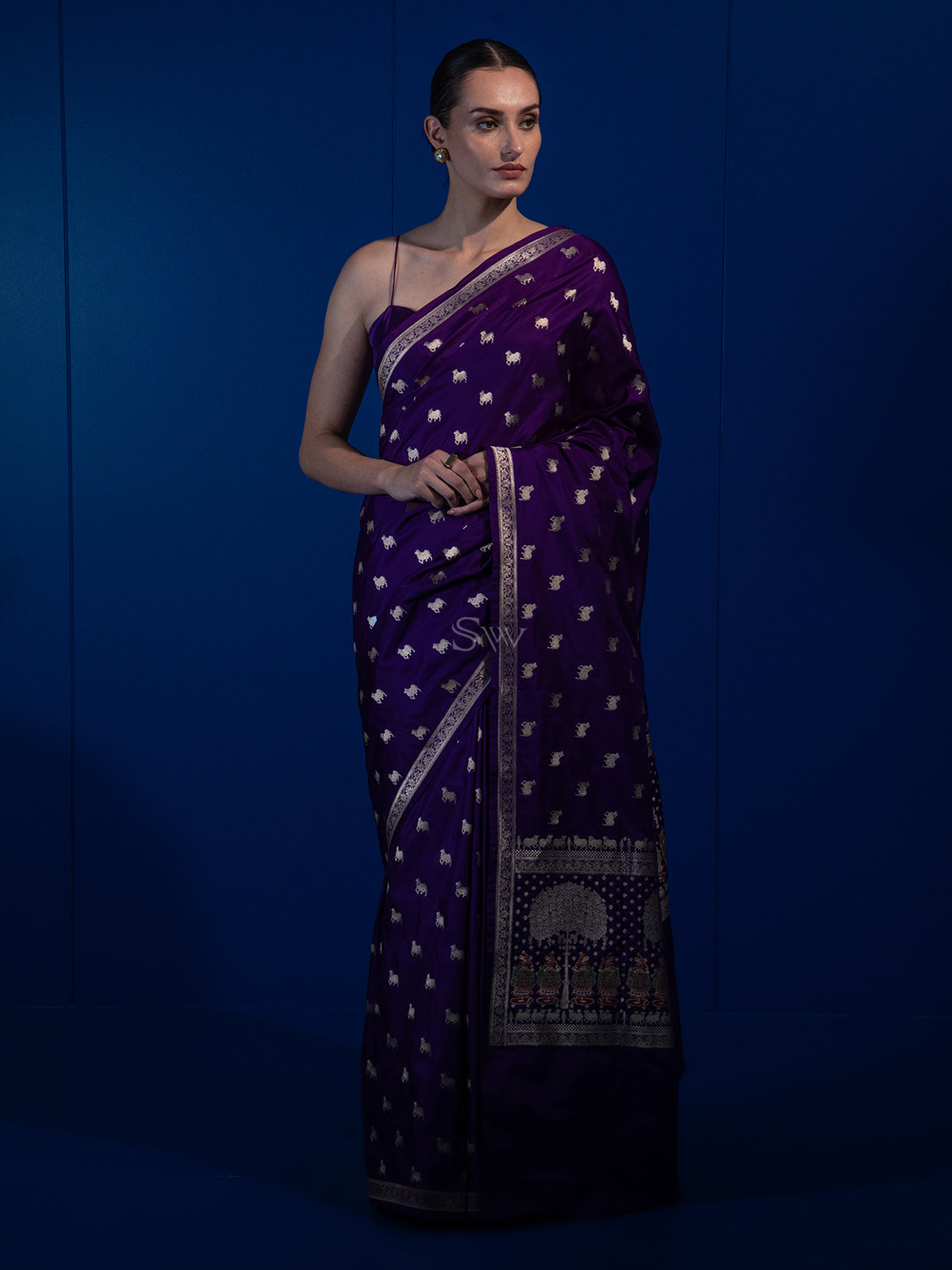 Purple Shikargah Boota Satin Silk Handloom Banarasi Saree - Sacred Weaves