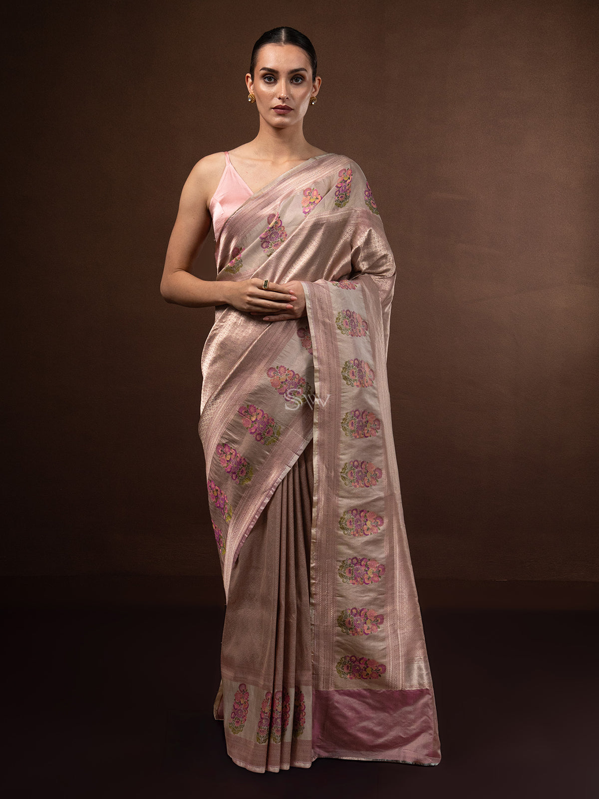 Onion Pink Tissue Katan Silk Handloom Banarasi Saree - Sacred Weaves