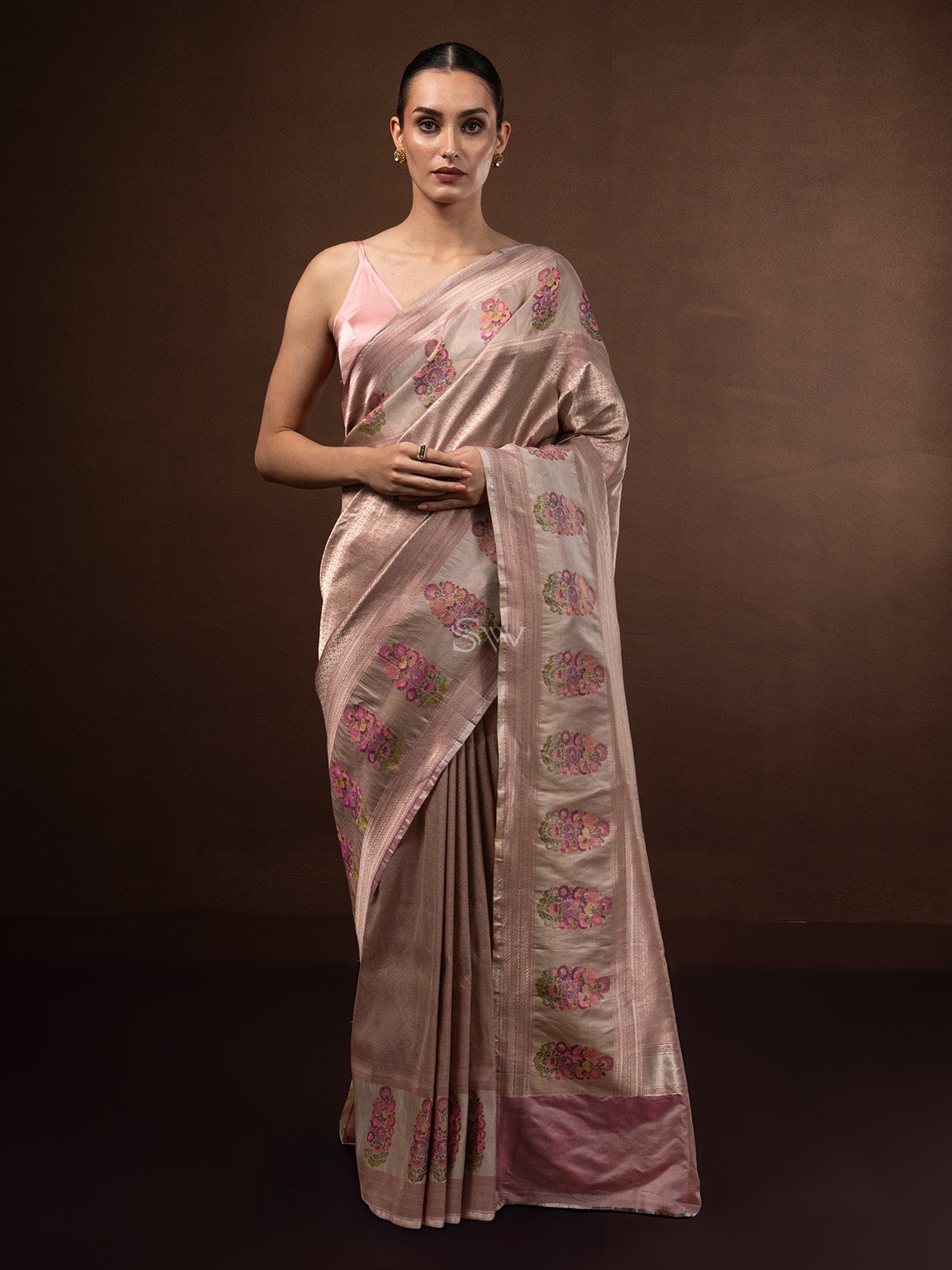 Onion Pink Tissue Katan Silk Handloom Banarasi Saree - Sacred Weaves