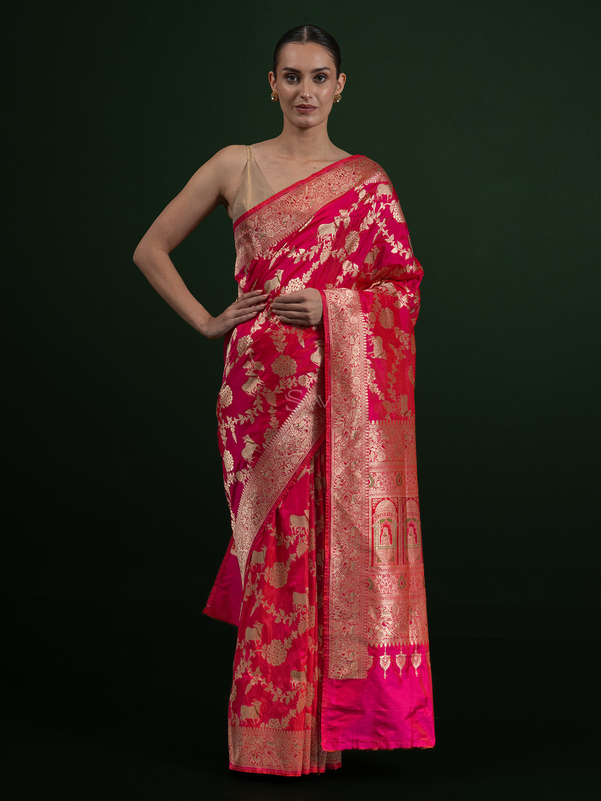 Pink Red Shikargah Uppada Katan Silk Handloom Banarasi Saree - Sacred Weaves