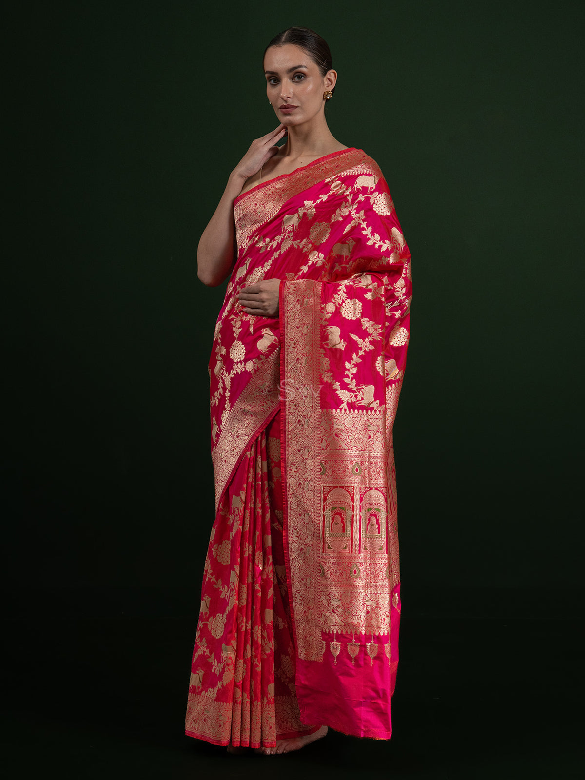 Pink Red Shikargah Uppada Katan Silk Handloom Banarasi Saree - Sacred Weaves