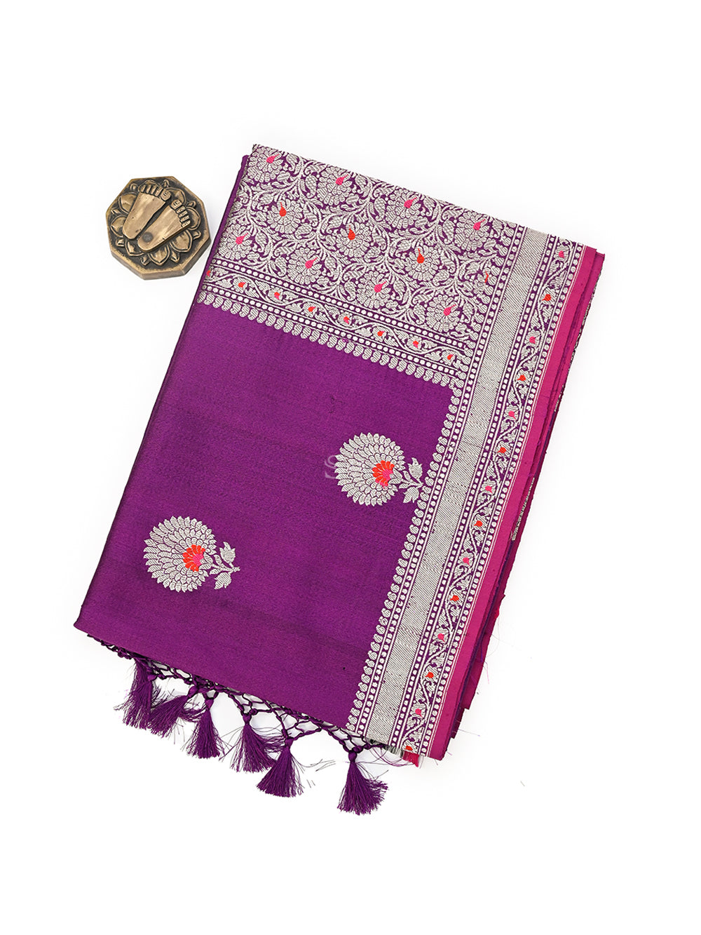 Dark Magenta Meenakari Booti Tussar Silk Handloom Banarasi Saree