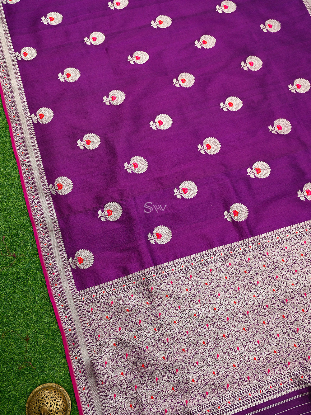 Dark Magenta Meenakari Booti Tussar Silk Handloom Banarasi Saree