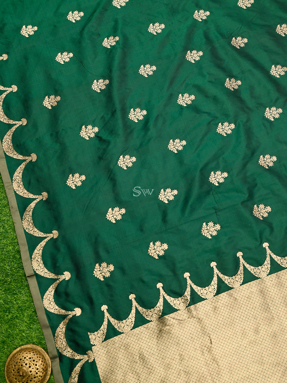 Bottle Green Boota Katan Silk Handloom Banarasi Saree