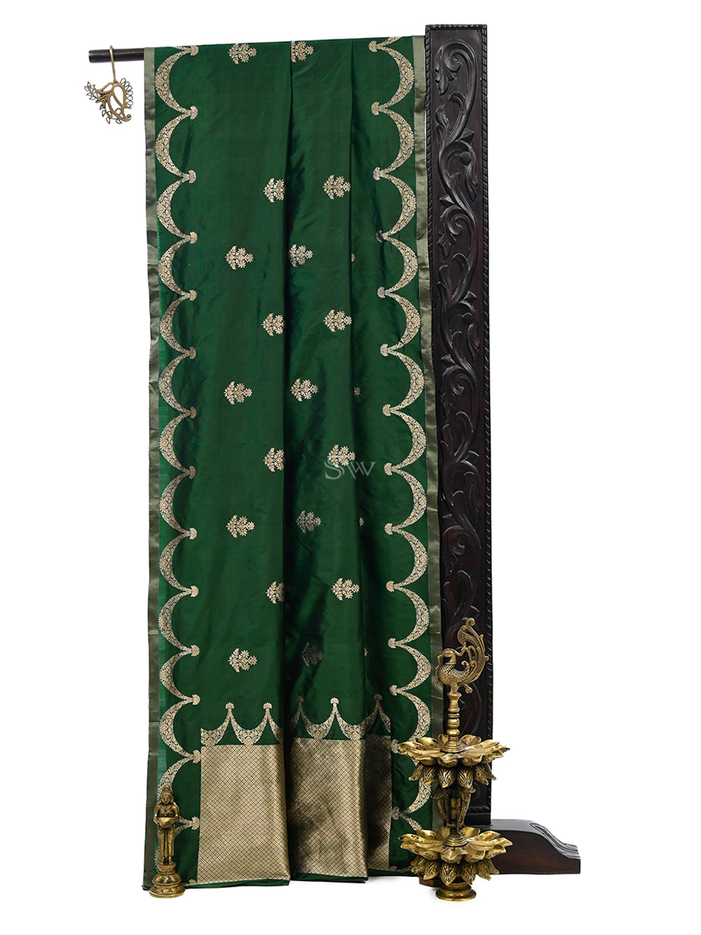 Bottle Green Boota Katan Silk Handloom Banarasi Saree