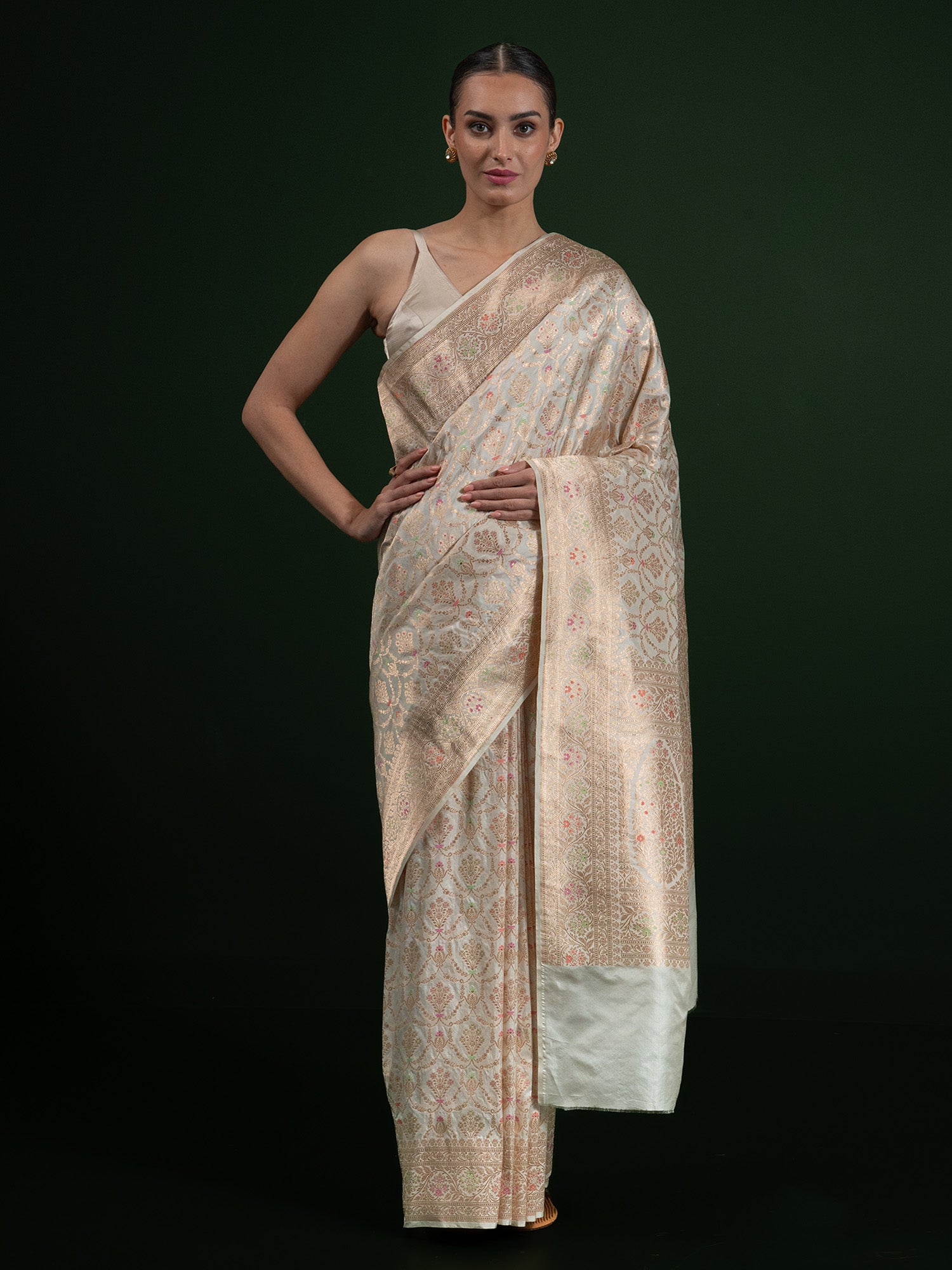 White Meenakari Uppada Katan Silk Handloom Banarasi Saree - Sacred Weaves