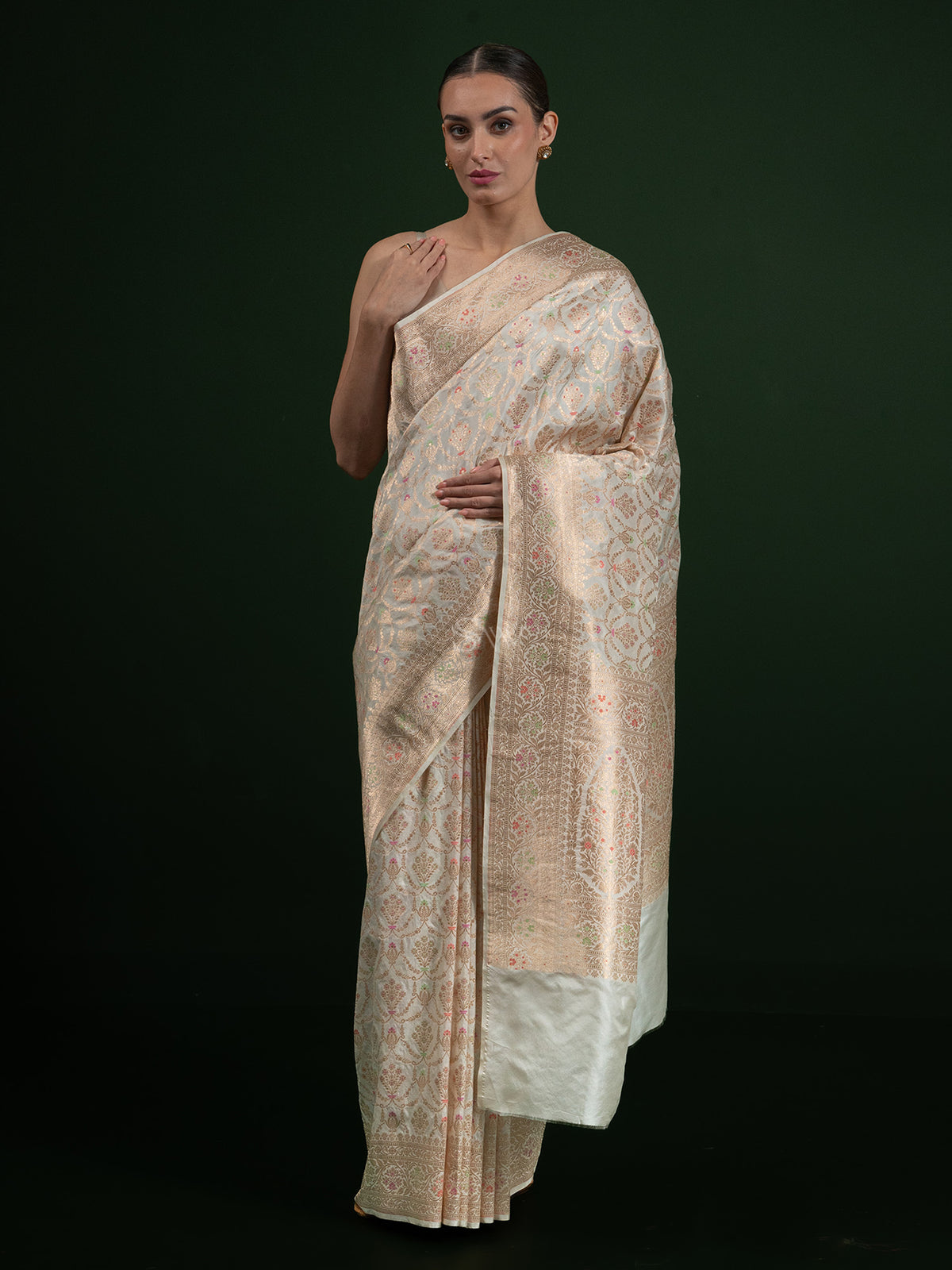 White Meenakari Uppada Katan Silk Handloom Banarasi Saree - Sacred Weaves