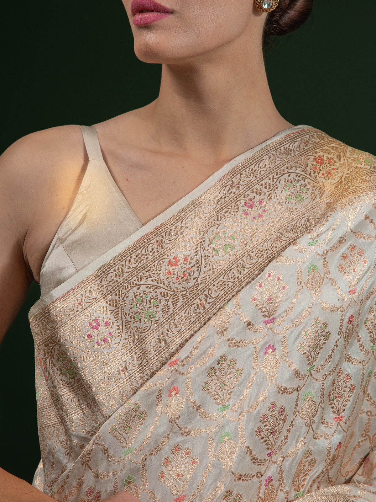 White Meenakari Uppada Katan Silk Handloom Banarasi Saree - Sacred Weaves