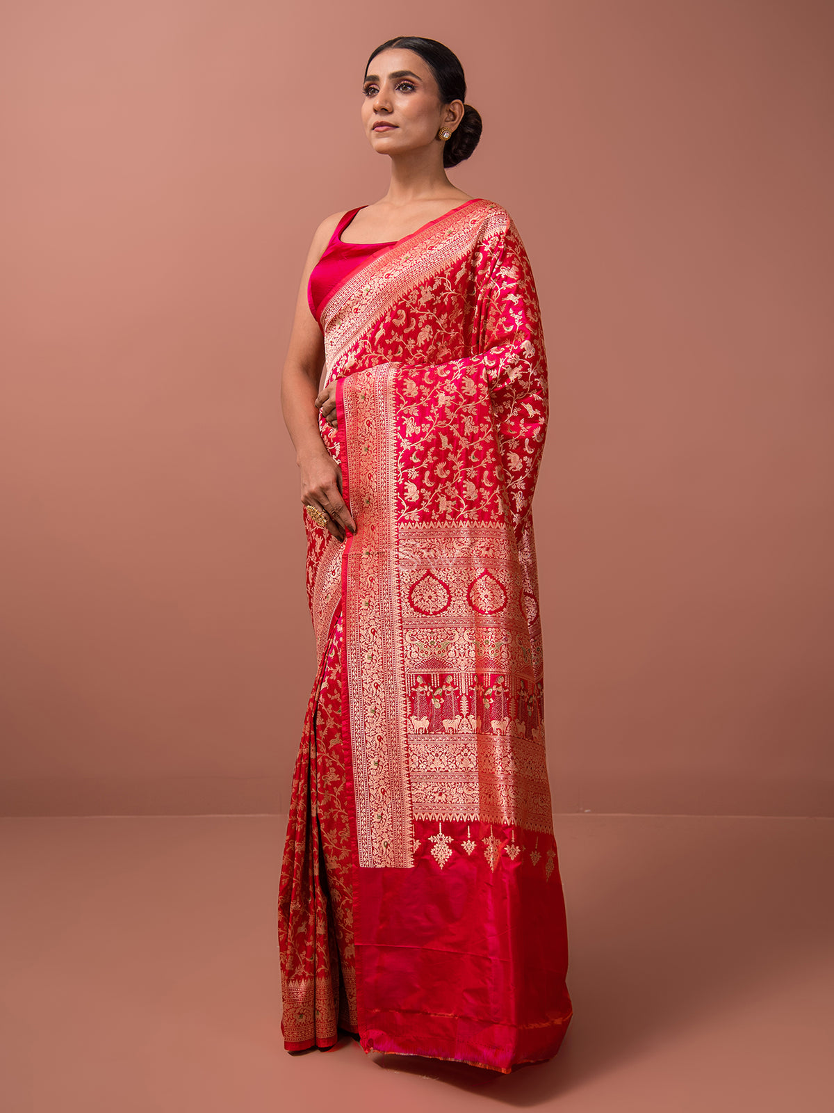 Red Shikargah Katan Silk Handloom Banarasi Saree - Sacred Weaves