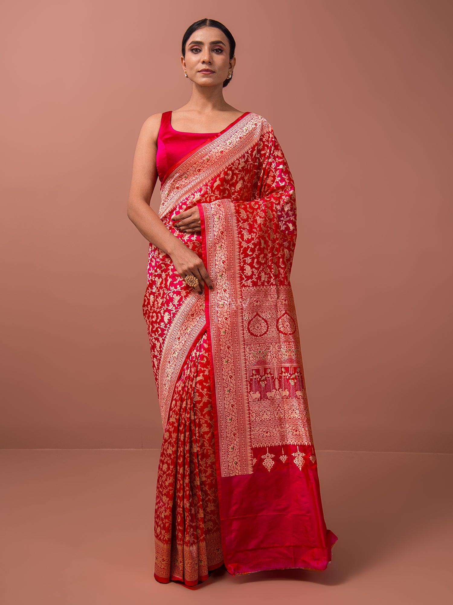 Red Shikargah Katan Silk Handloom Banarasi Saree - Sacred Weaves