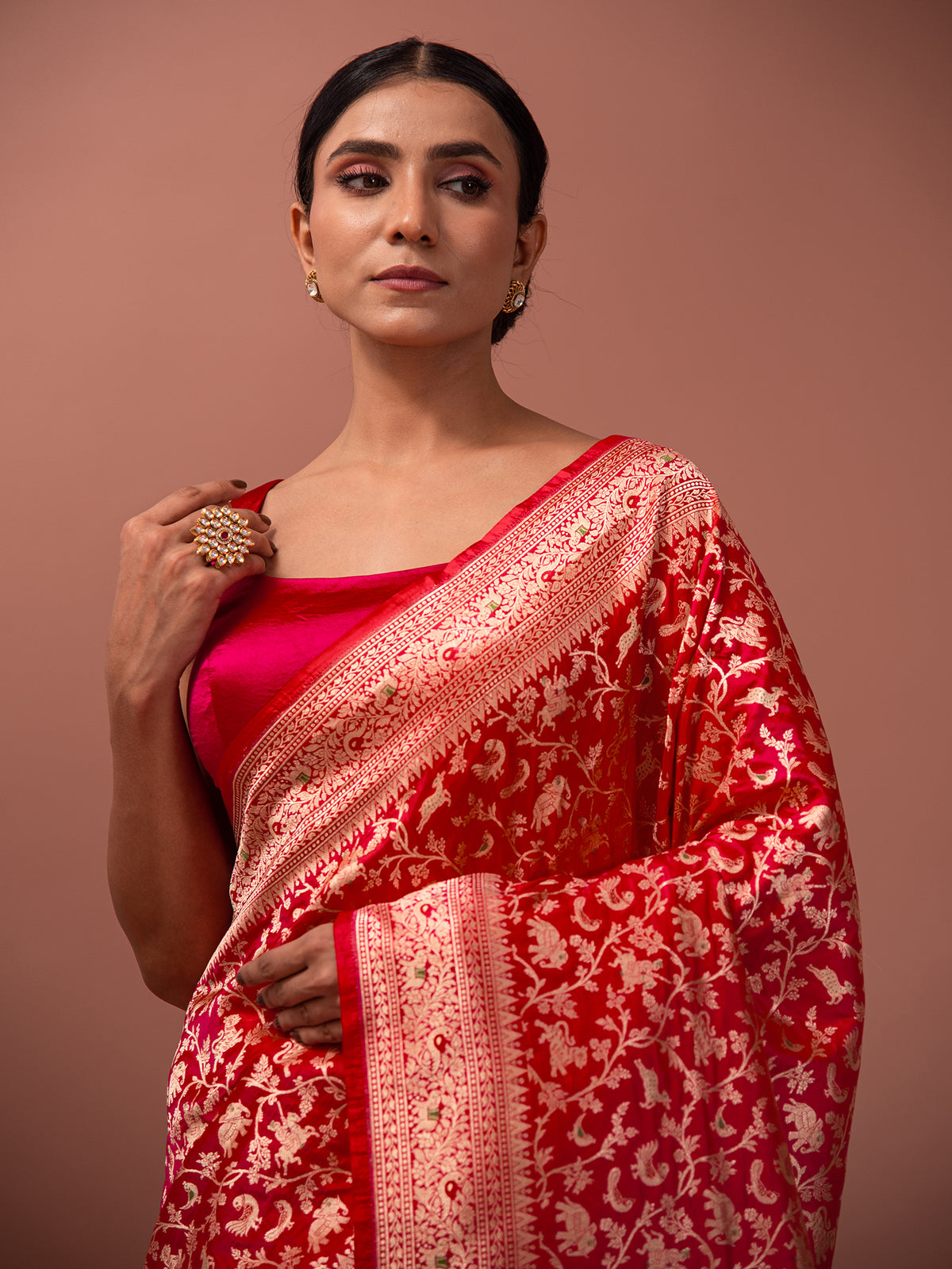 Red Shikargah Katan Silk Handloom Banarasi Saree - Sacred Weaves