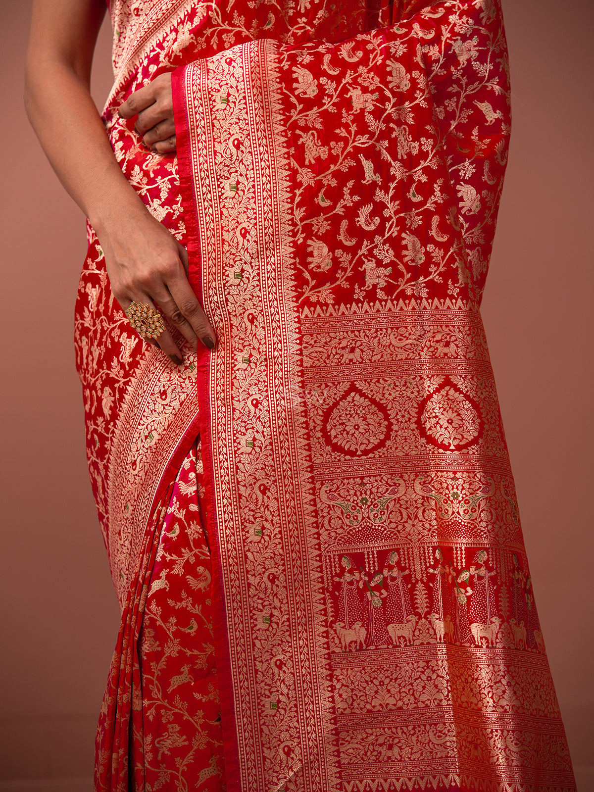 Red Shikargah Katan Silk Handloom Banarasi Saree - Sacred Weaves