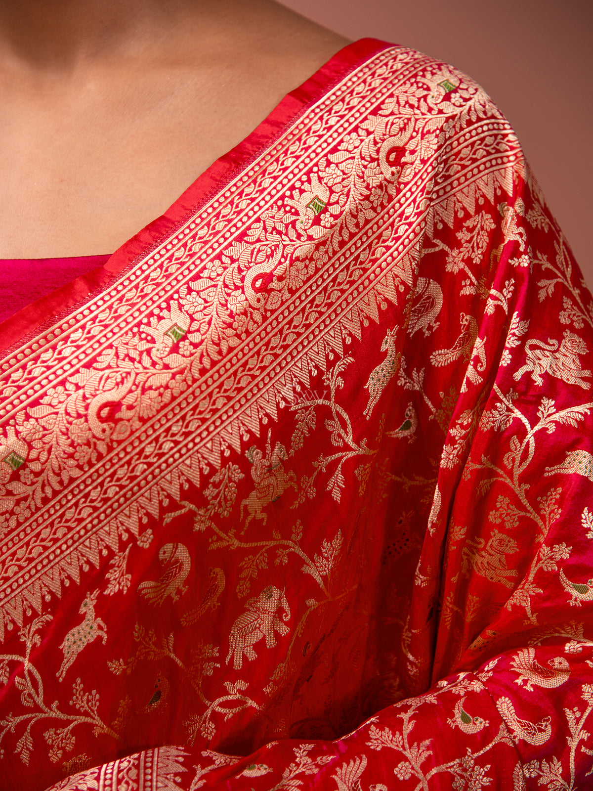 Red Shikargah Katan Silk Handloom Banarasi Saree - Sacred Weaves