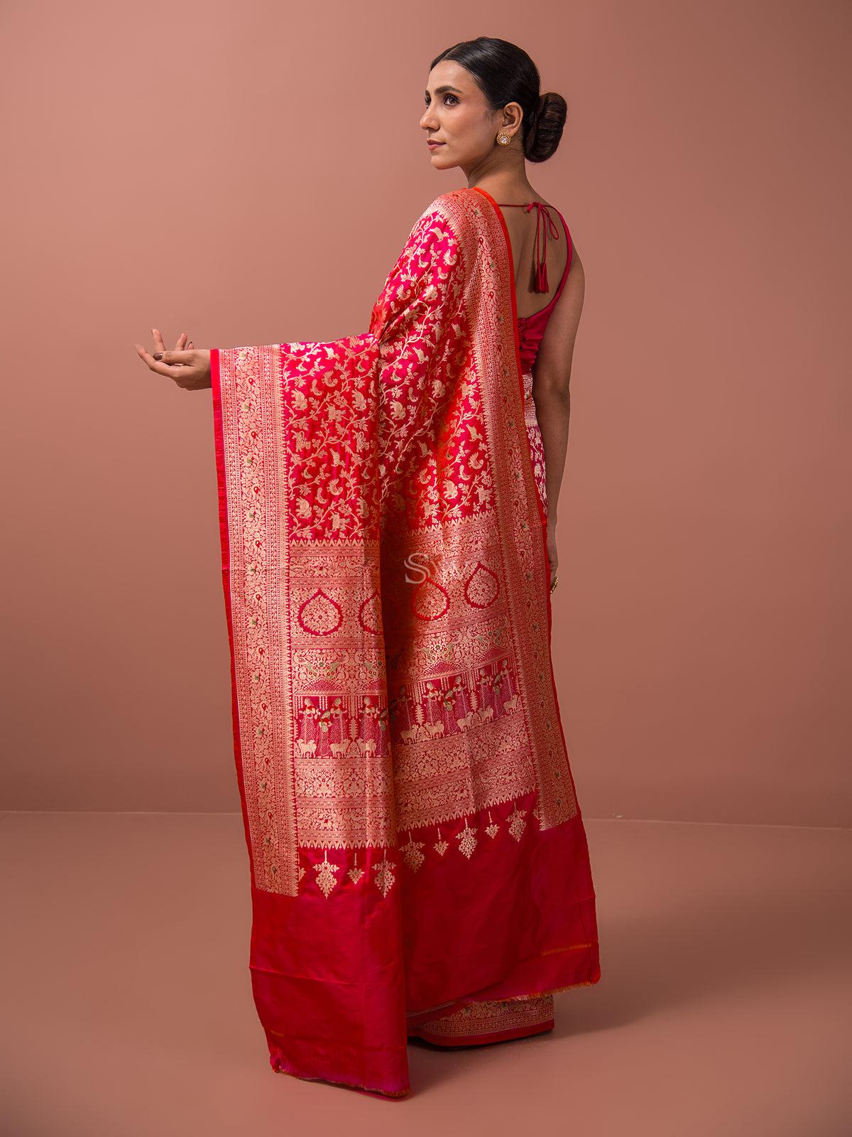 Red Shikargah Katan Silk Handloom Banarasi Saree - Sacred Weaves