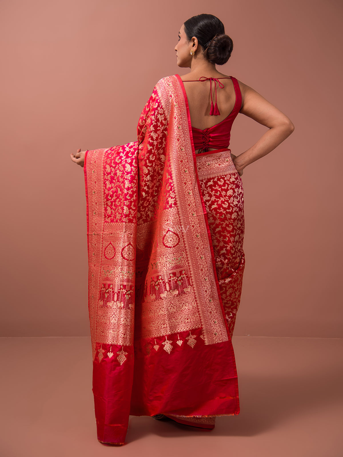 Red Shikargah Katan Silk Handloom Banarasi Saree - Sacred Weaves