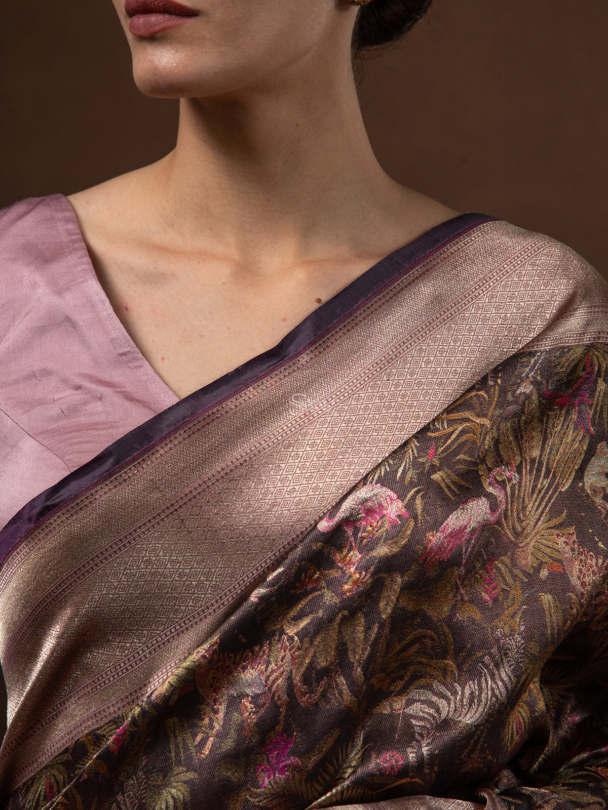 Dark Brown Tissue Katan Silk Handloom Banarasi Saree - Sacred Weaves