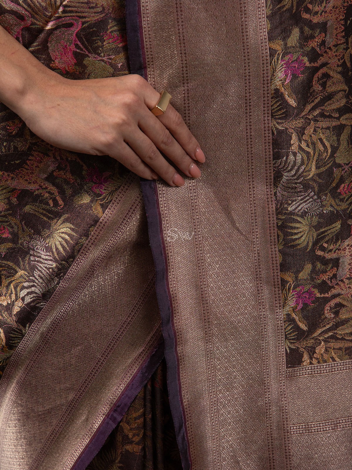 Dark Brown Tissue Katan Silk Handloom Banarasi Saree - Sacred Weaves