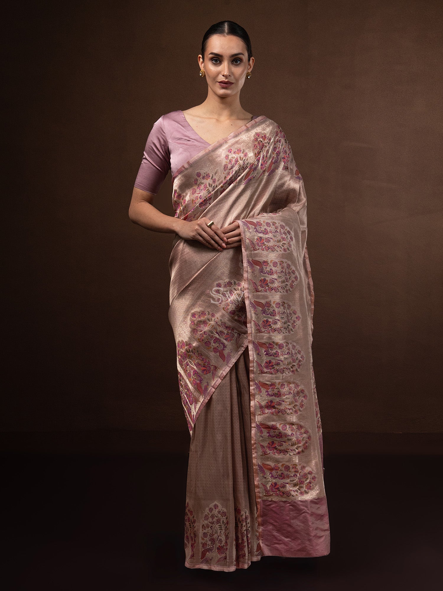 Dusky Pink Tissue Katan Silk Handloom Banarasi Saree - Sacred Weaves