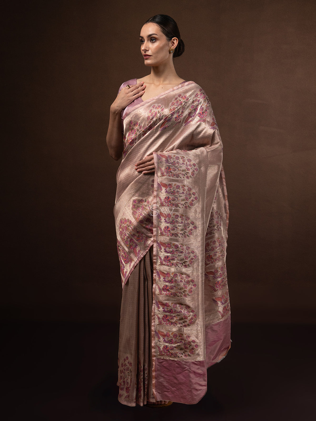 Dusky Pink Tissue Katan Silk Handloom Banarasi Saree - Sacred Weaves