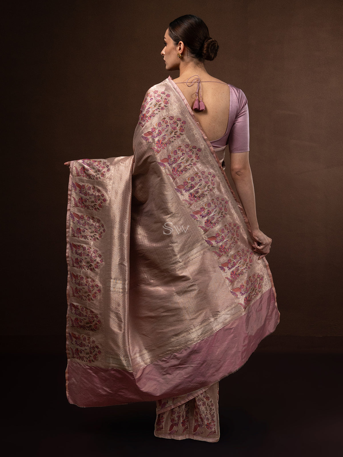 Dusky Pink Tissue Katan Silk Handloom Banarasi Saree - Sacred Weaves