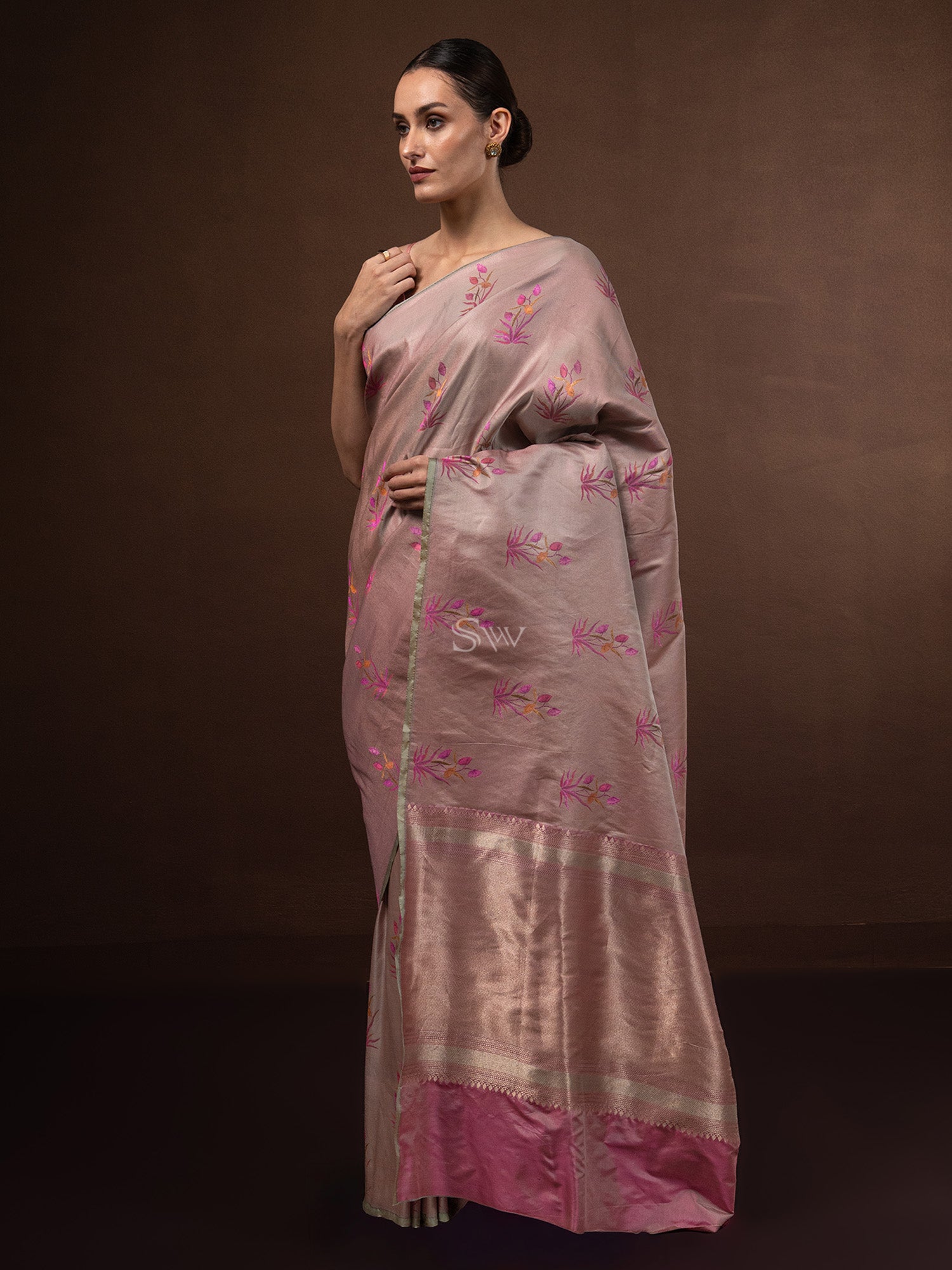 Pastel Peach Tissue Katan Silk Handloom Banarasi Saree - Sacred Weaves