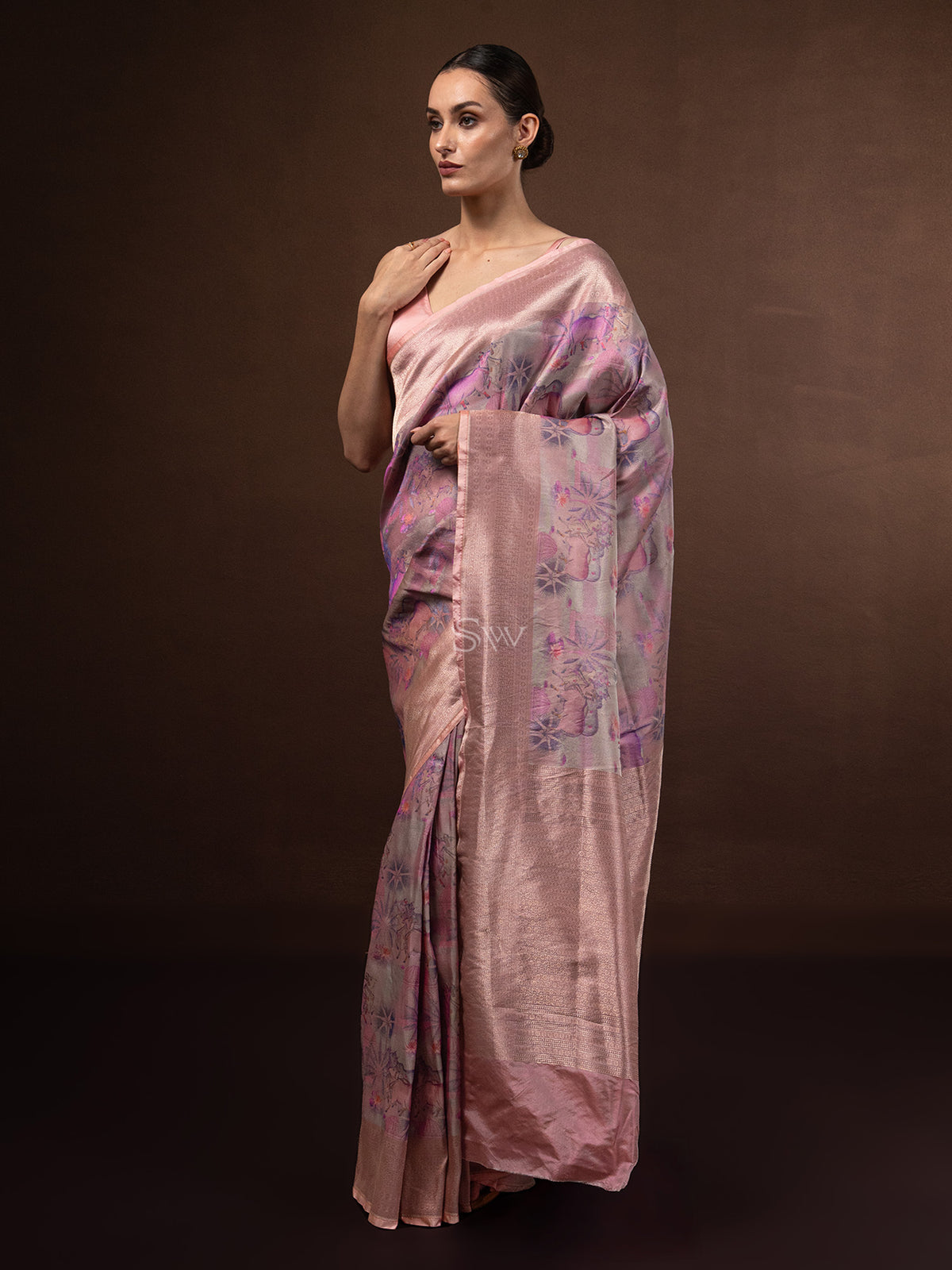 Pastel Peach Tissue Katan Silk Handloom Banarasi Saree - Sacred Weaves