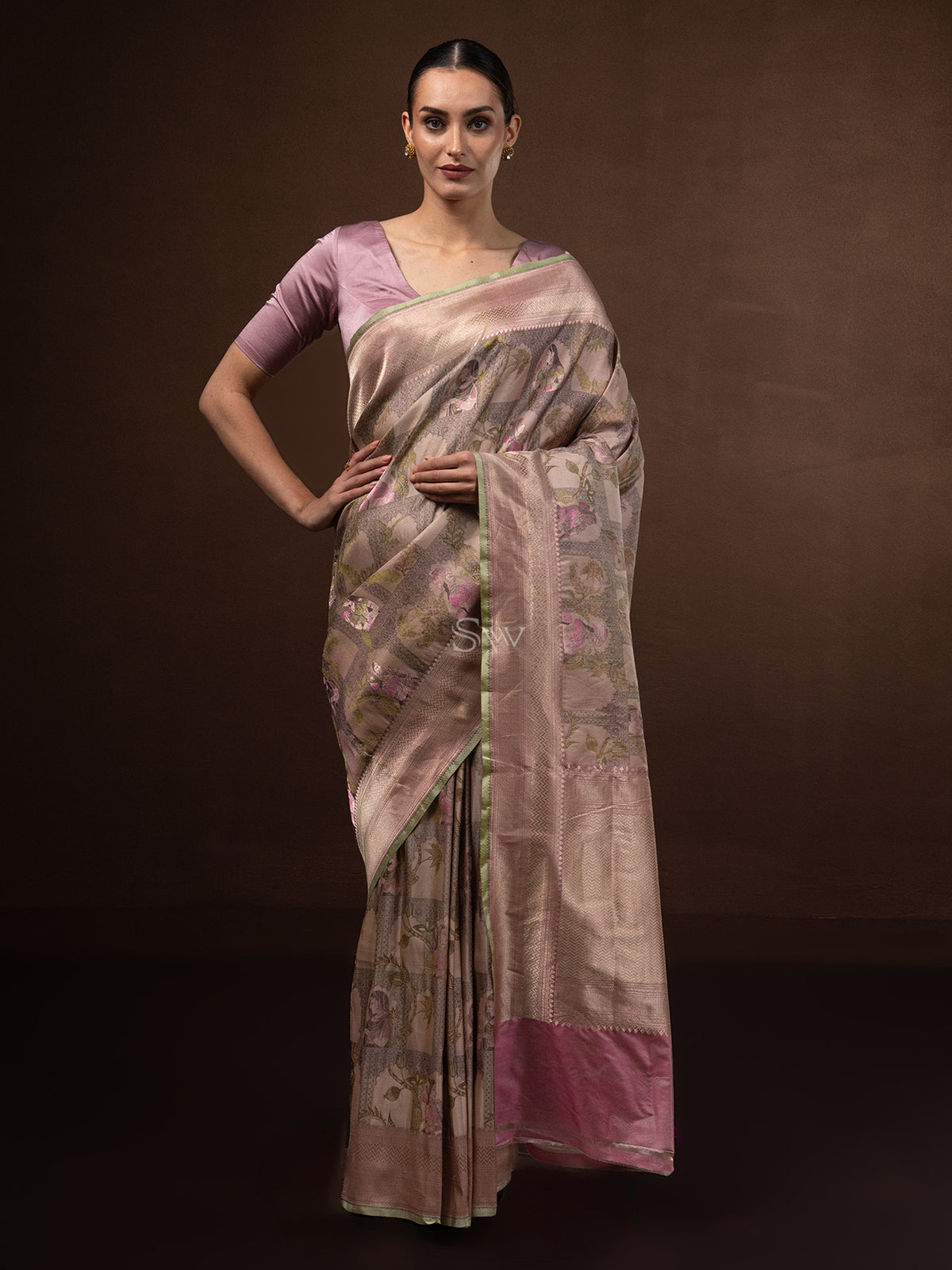 Pastel Pink Green Tissue Katan Silk Handloom Banarasi Saree - Sacred Weaves