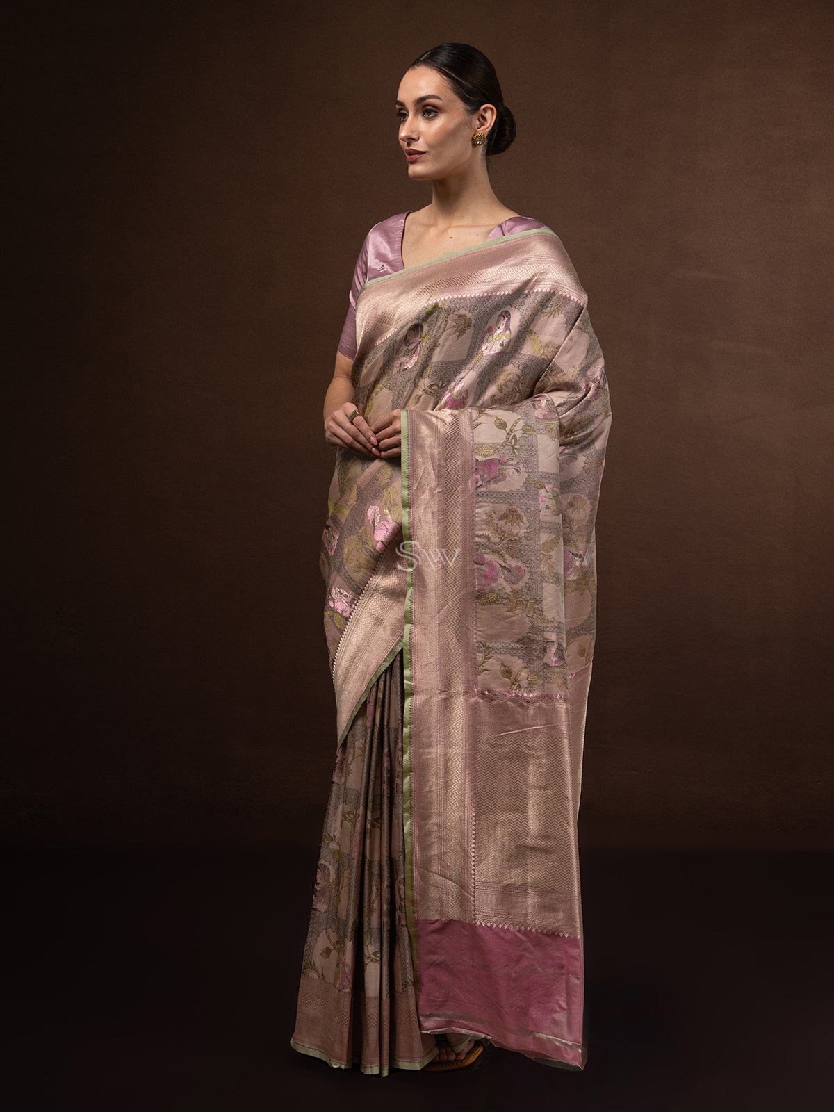 Pastel Pink Green Tissue Katan Silk Handloom Banarasi Saree - Sacred Weaves