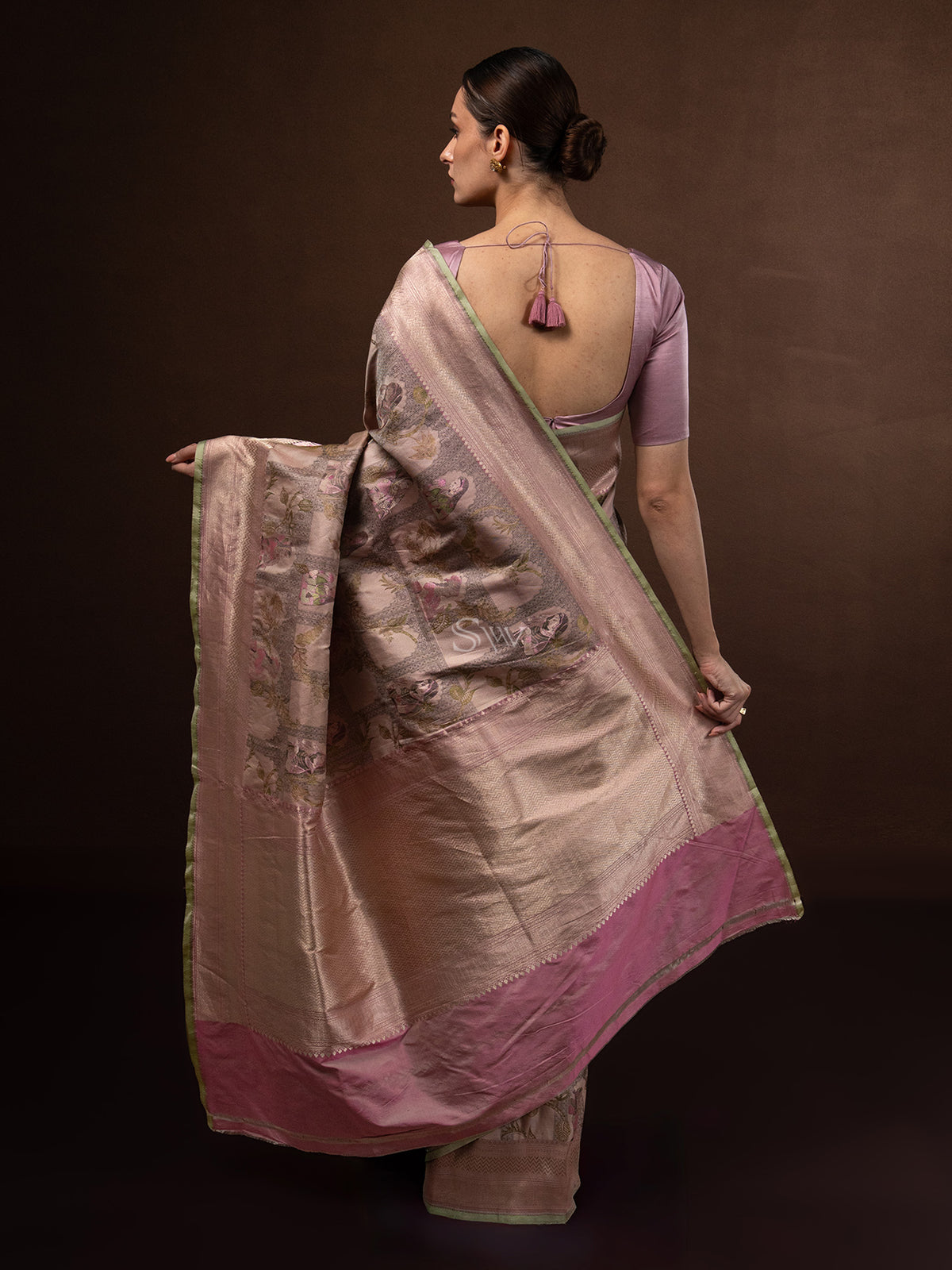 Pastel Pink Green Tissue Katan Silk Handloom Banarasi Saree - Sacred Weaves