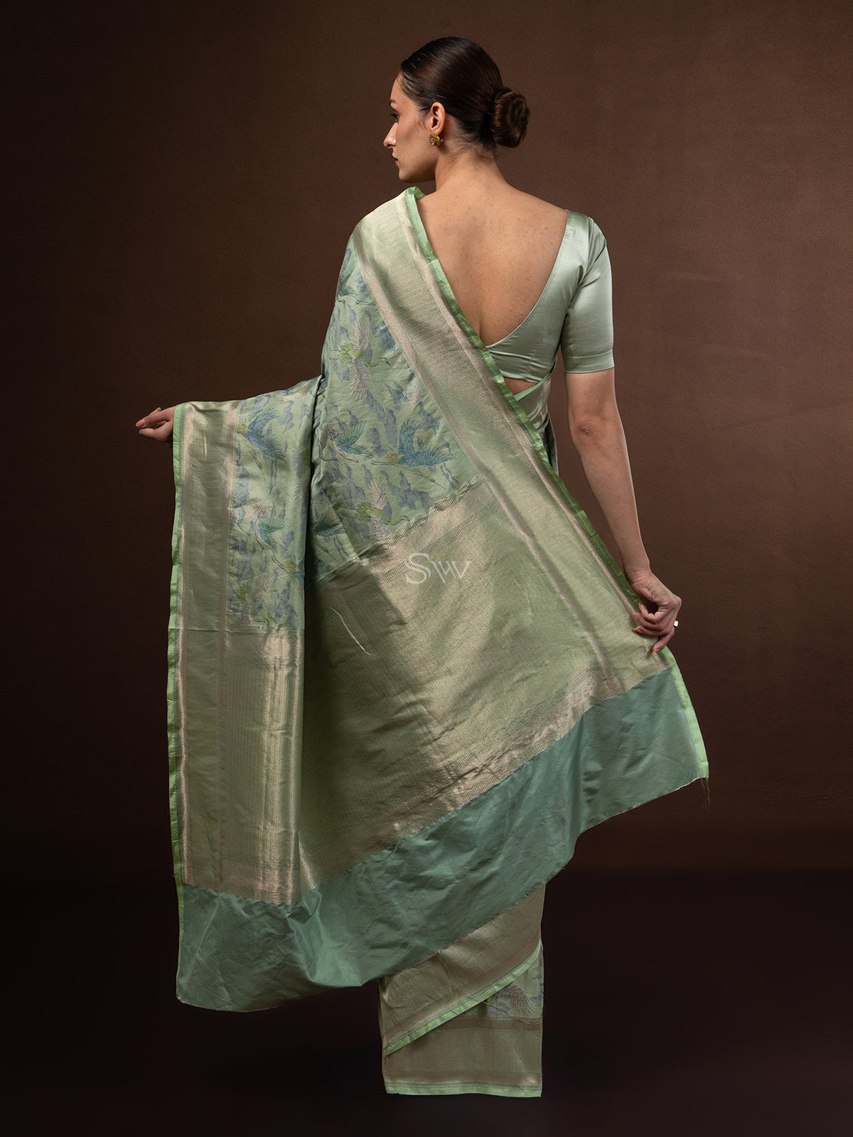 Pastel Green Tissue Katan Silk Handloom Banarasi Saree - Sacred Weaves